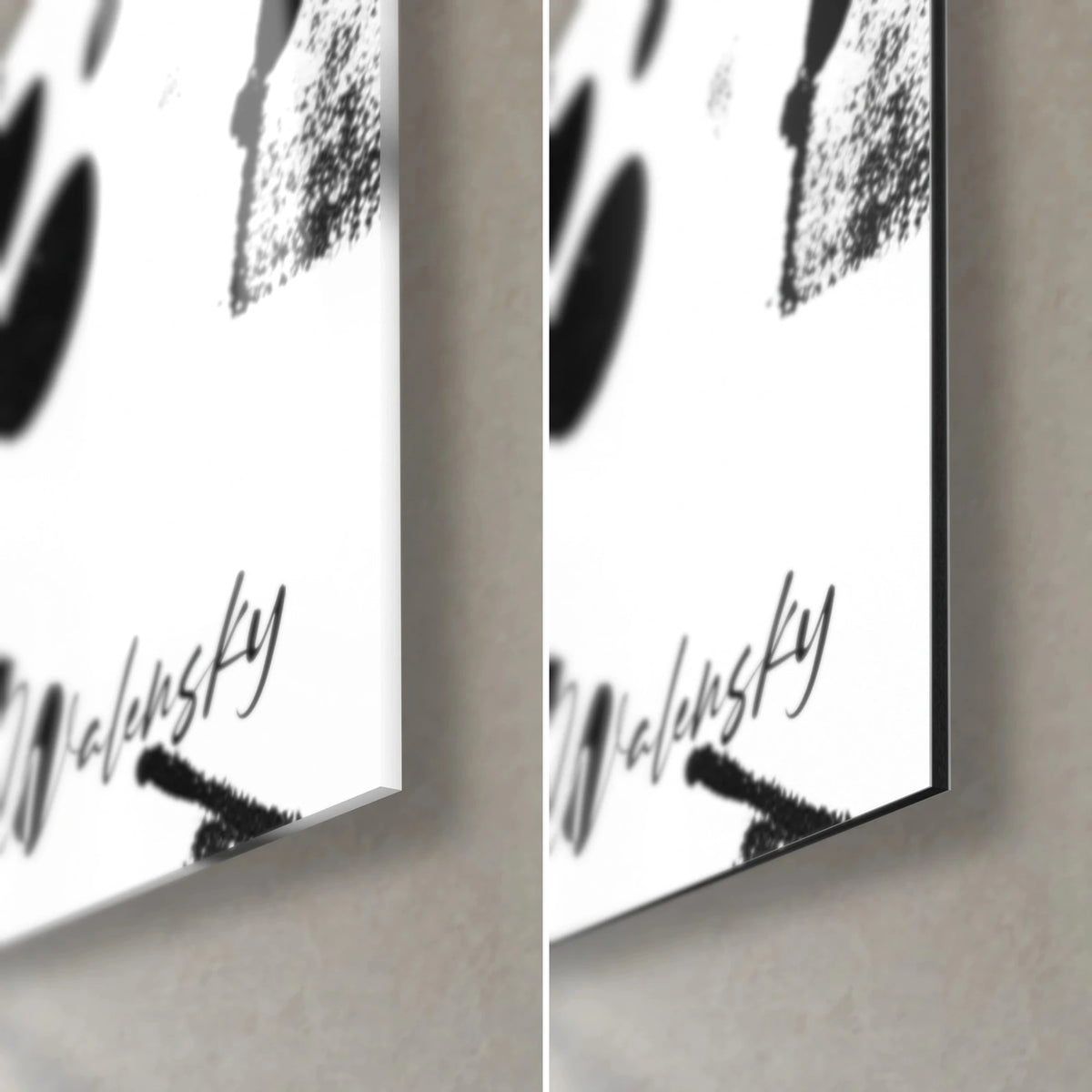 Tableau cartographie noir et blanc, coin bas droit : verre acrylique brillant à gauche, alu Dibond mat à droite, tranche de 3 mm et signature