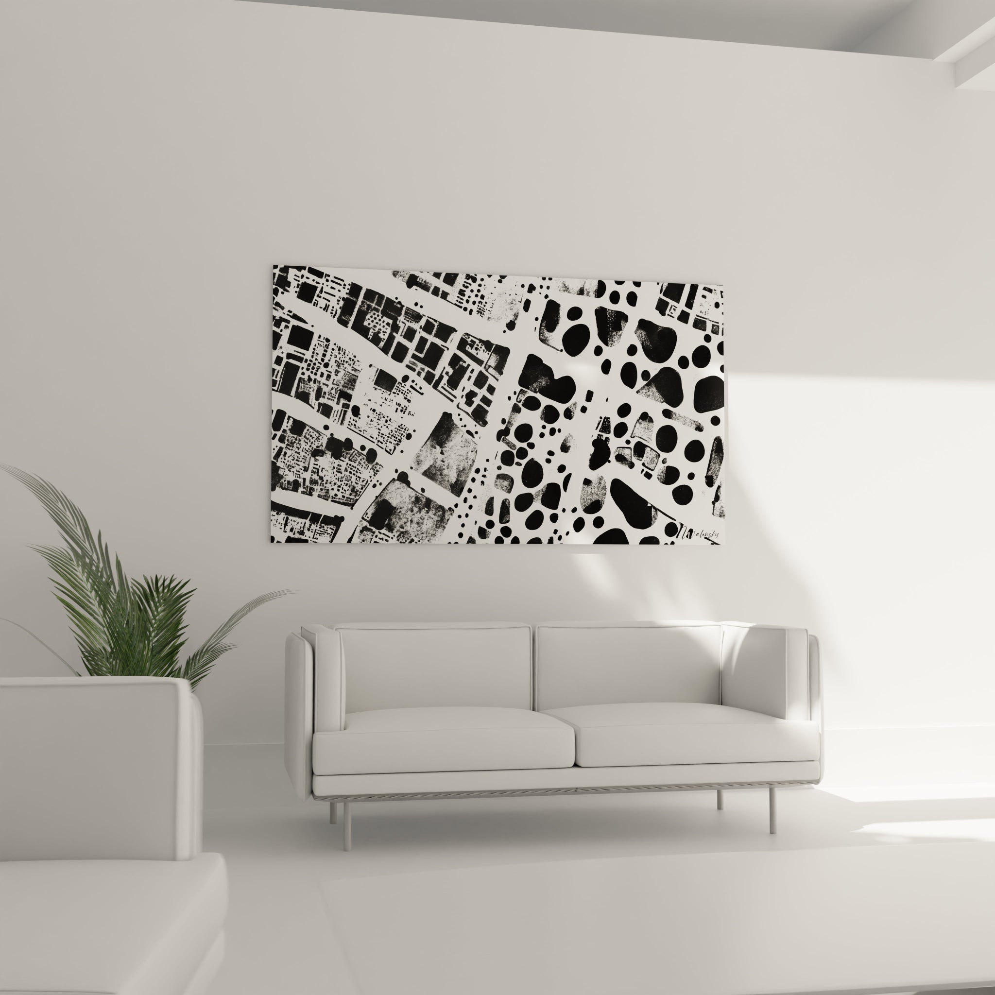 Tableau tacheté noir et blanc de Walensky accroché sur un mur de salon moderne