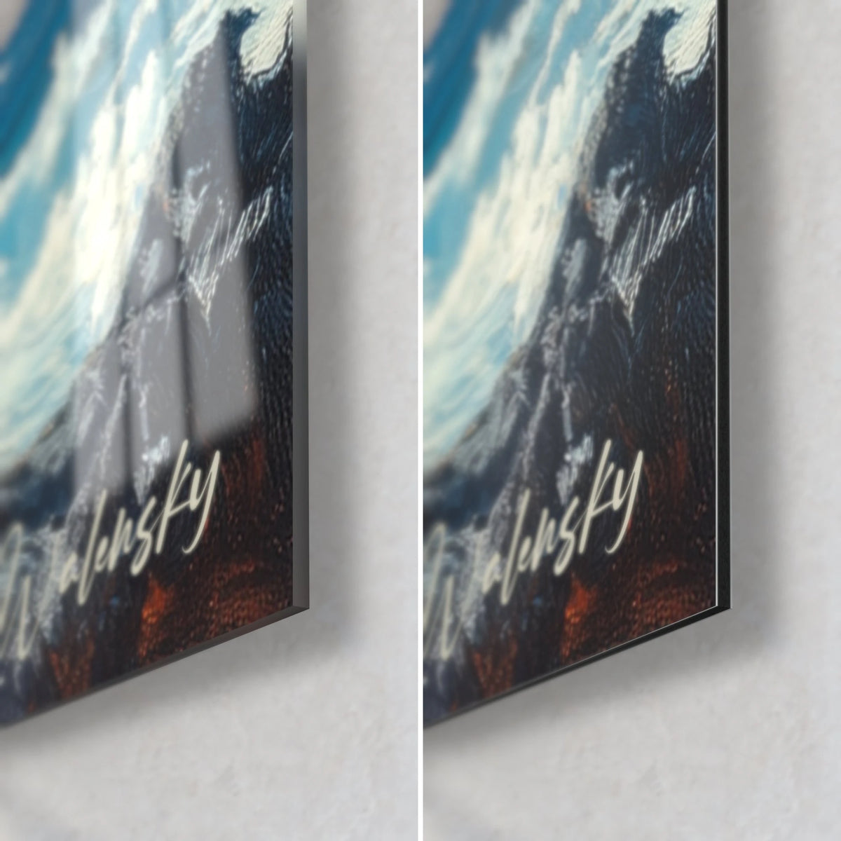 Wall art orange lava flow on black cliff, bottom right corner, glossy acrylic glass on the left, matte Dibond aluminium and 3 mm edge