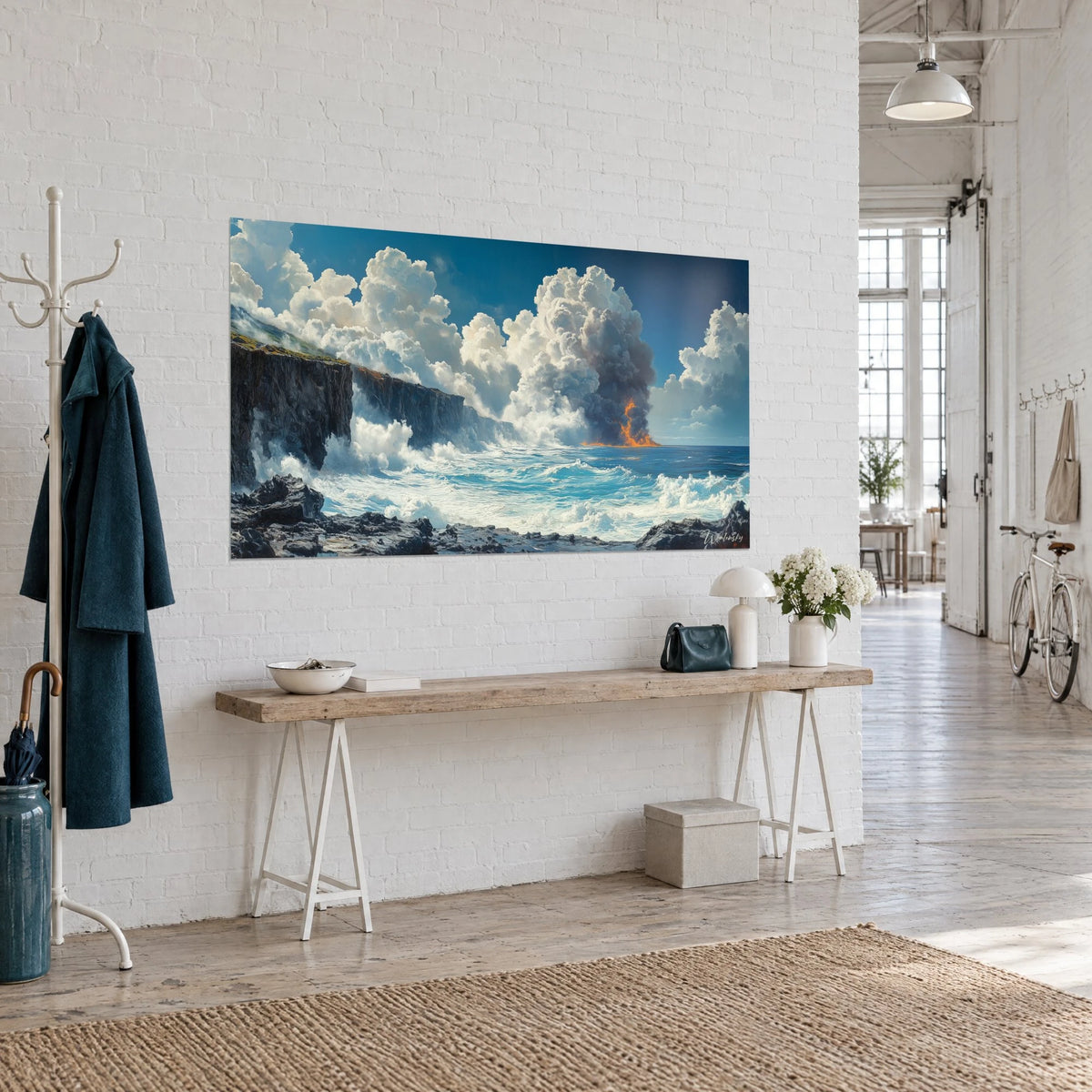 Wall art charcoal-grey volcanic plume edged in orange, massive white clouds, deep blue sky, artist loft in three-quarter view