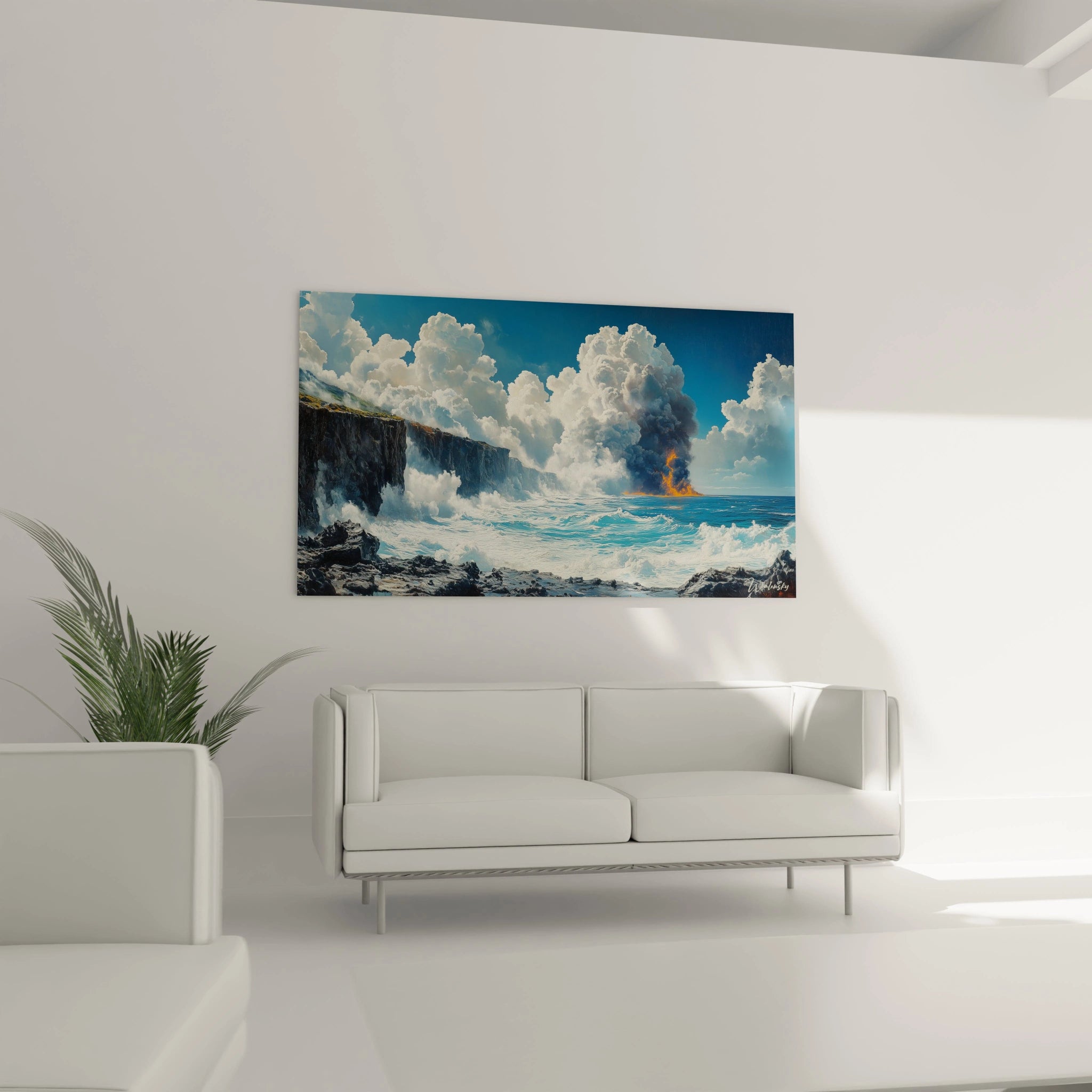 Un tableau mer élémentaire illustrant la puissance de la nature à travers des falaises noires texturées, des vagues déferlantes aux crêtes blanches, et une éruption volcanique orange. Les contrastes entre bleu profond, noir et blanc créent une tension visuelle saisissante.
