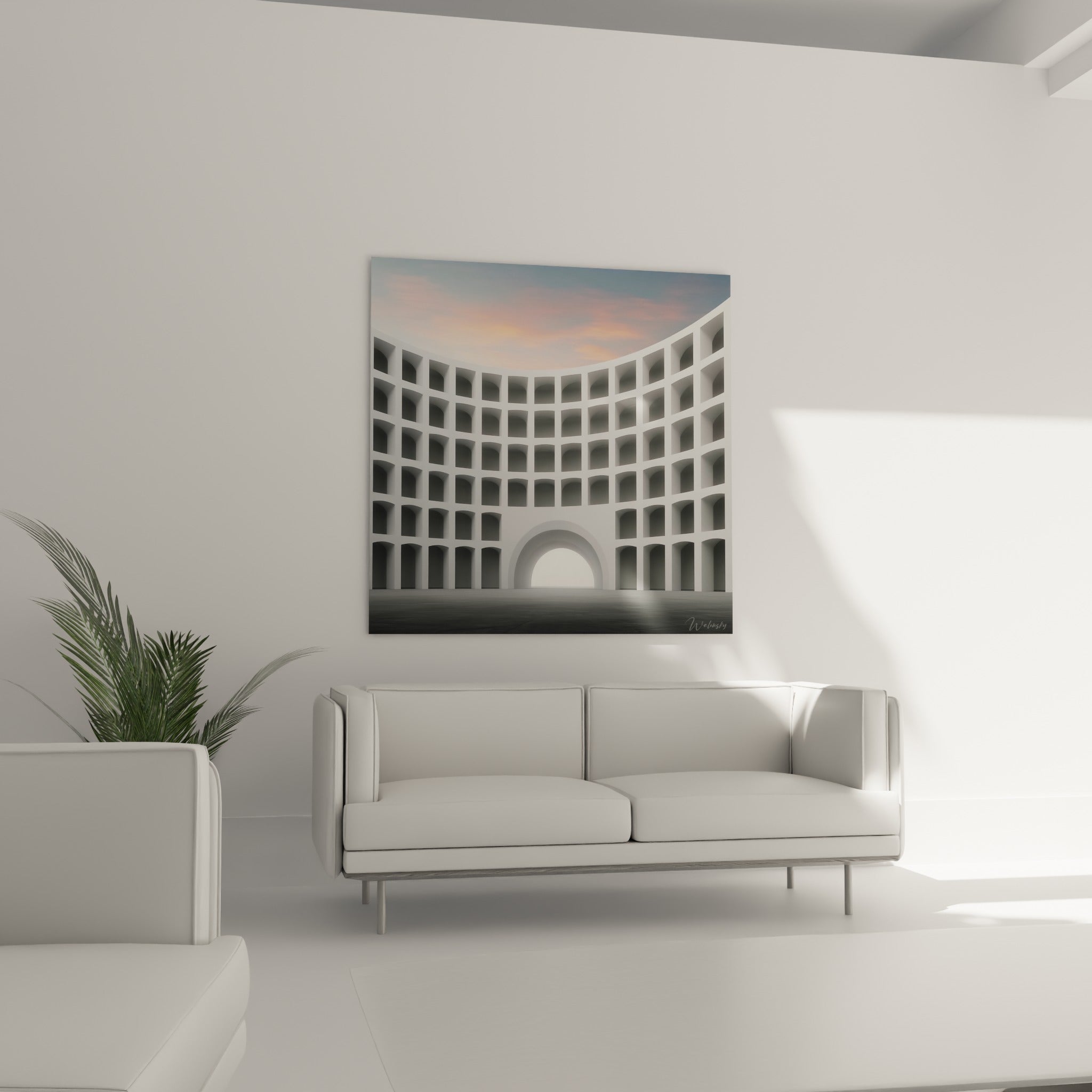 Structure architecturale grise et blanche à ciel orangé, accrochée au-dessus d'un canapé dans un salon lumineux