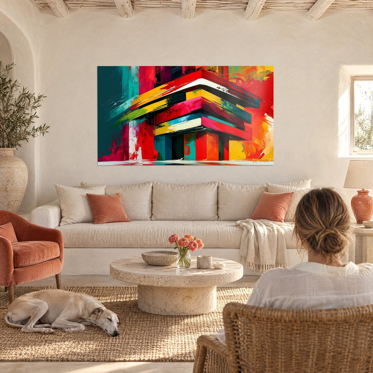 Tableau édifice abstrait en strates rouges et turquoise, coups de pinceau jaunes, au-dessus d'un canapé dans un salon lumineux