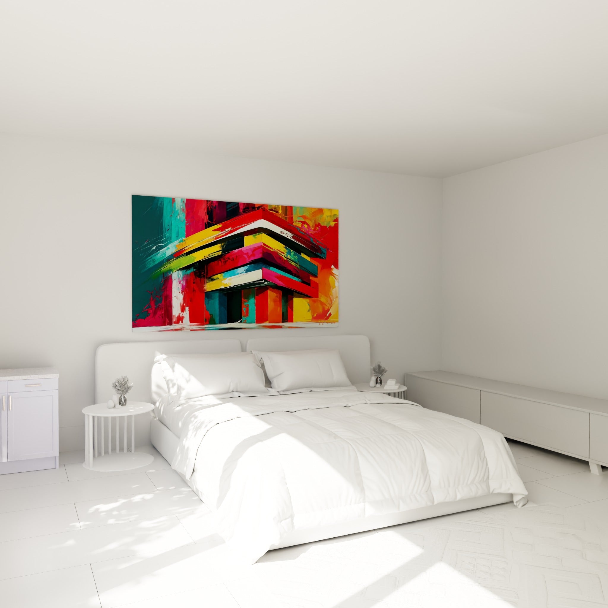Construction rouge et anthracite aux lignes vives accrochée au-dessus d'un lit dans une chambre claire