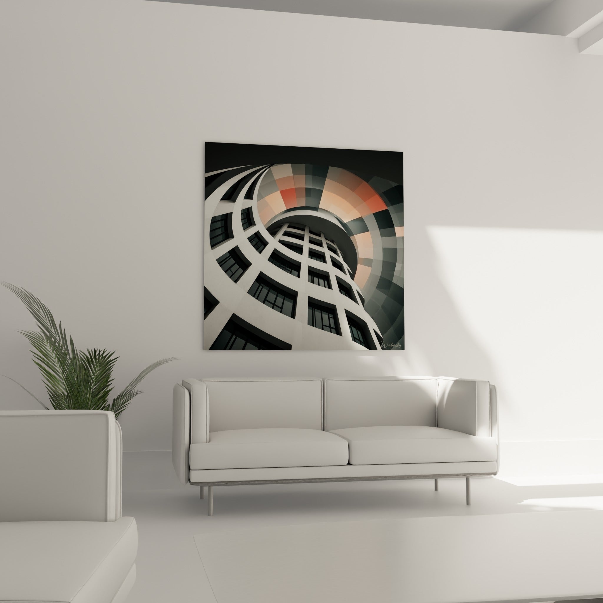 Bâtiment en spirale gris anthracite et orangé, tableau architecture abstrait au-dessus d'un canapé dans un salon lumineux