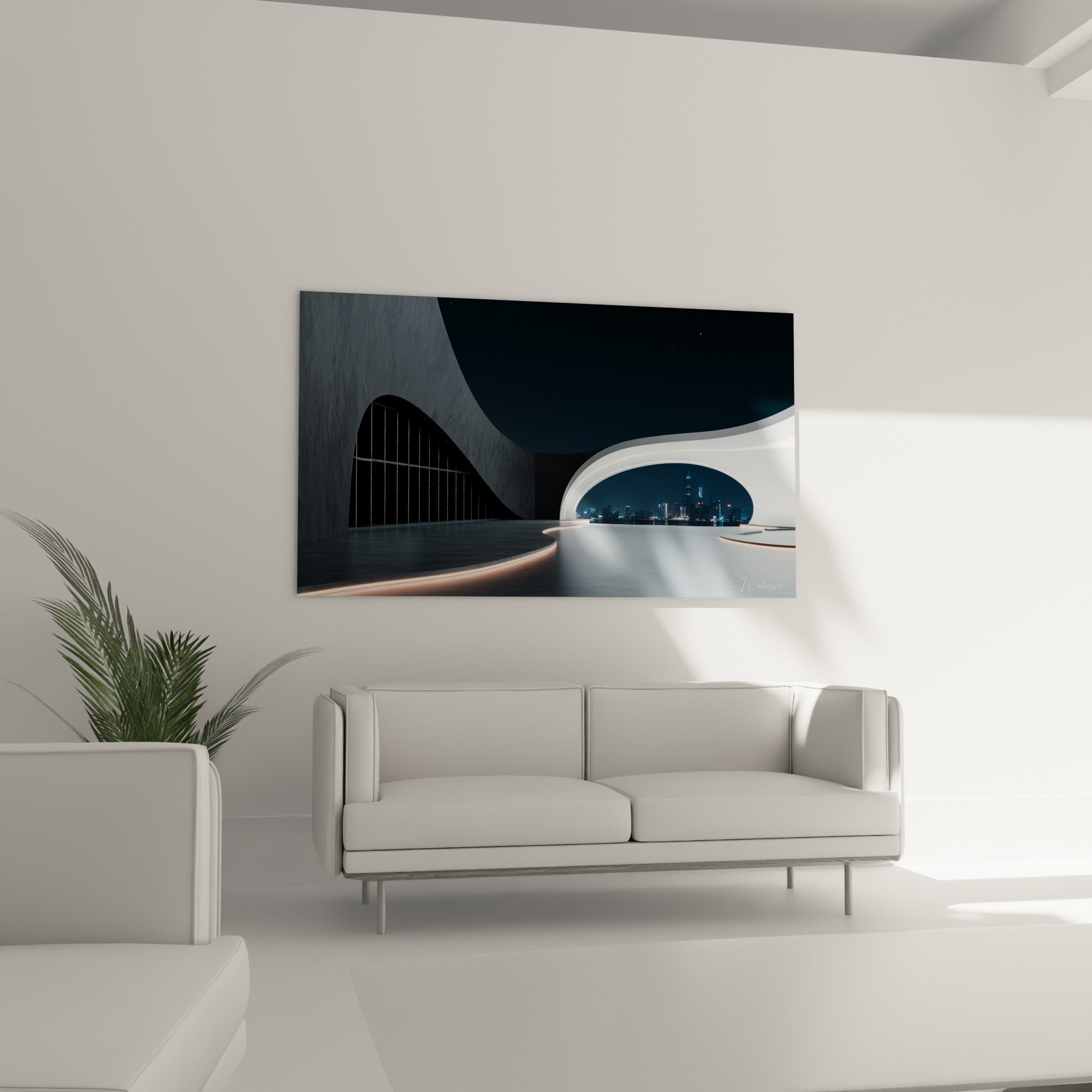 Courbes architecturales anthracite et blanches d'Architecture abstrait au-dessus d'un canapé dans un salon lumineux