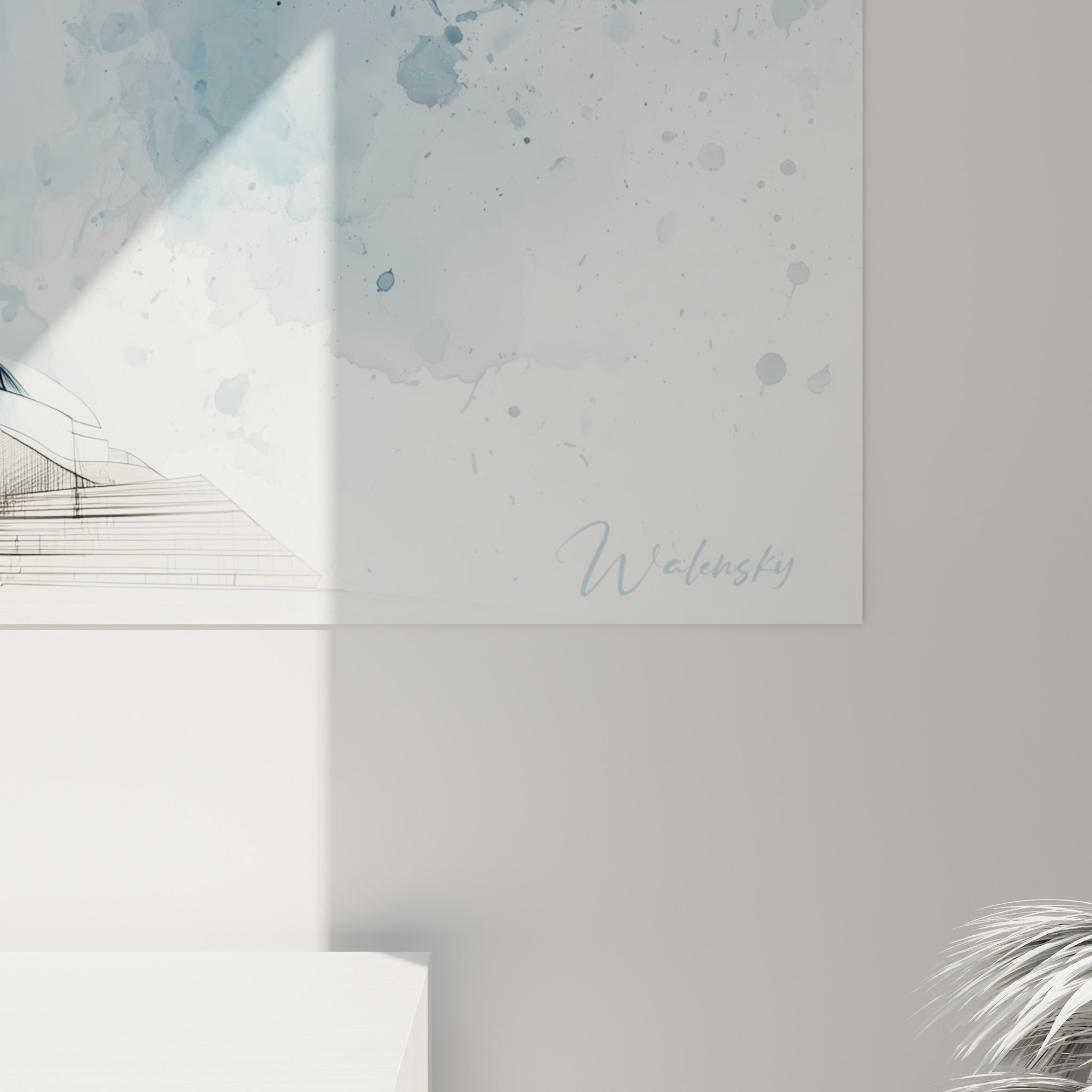 Détail du trait d'esquisse anthracite et des éclaboussures d'aquarelle bleu ciel sur la toile