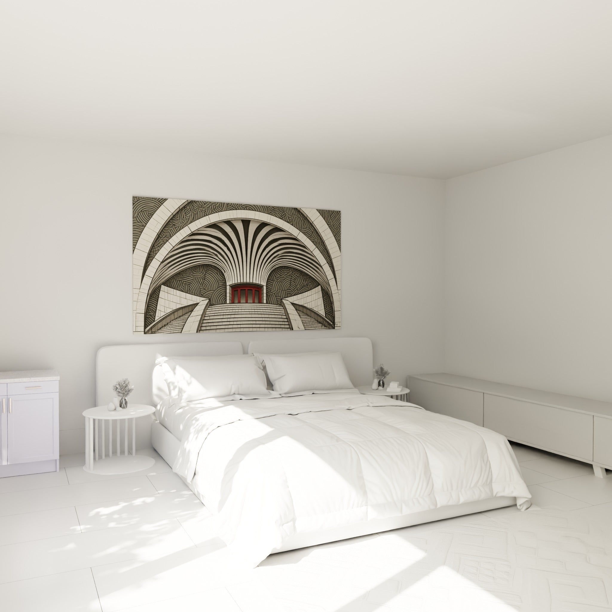 Arche monumentale grise à porte rouge, tableau architecture abstrait au-dessus d'un lit dans une chambre claire