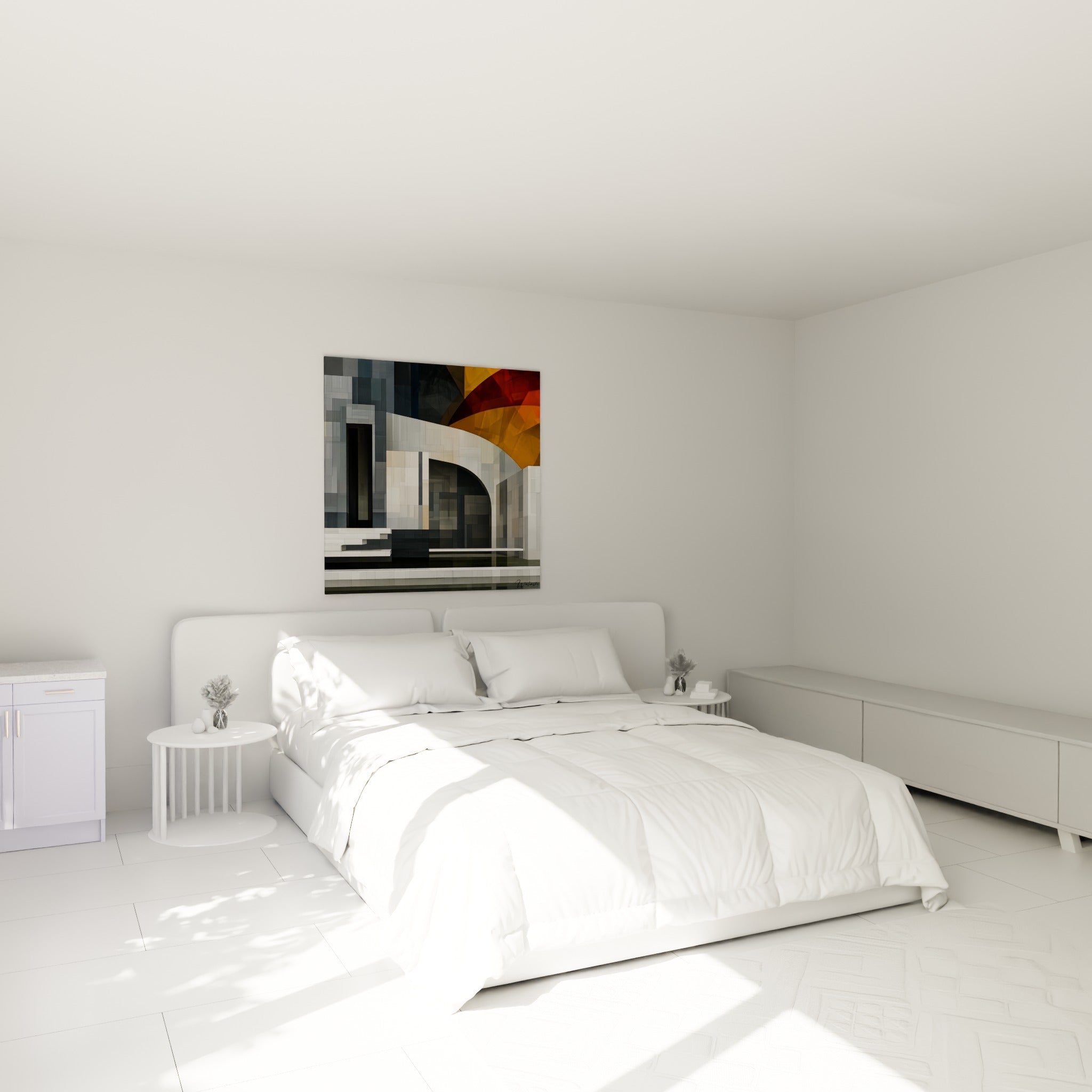 Blocs gris et beige structurent cette architecture abstraite à touche orangée, accrochée au-dessus d'un lit dans une chambre claire