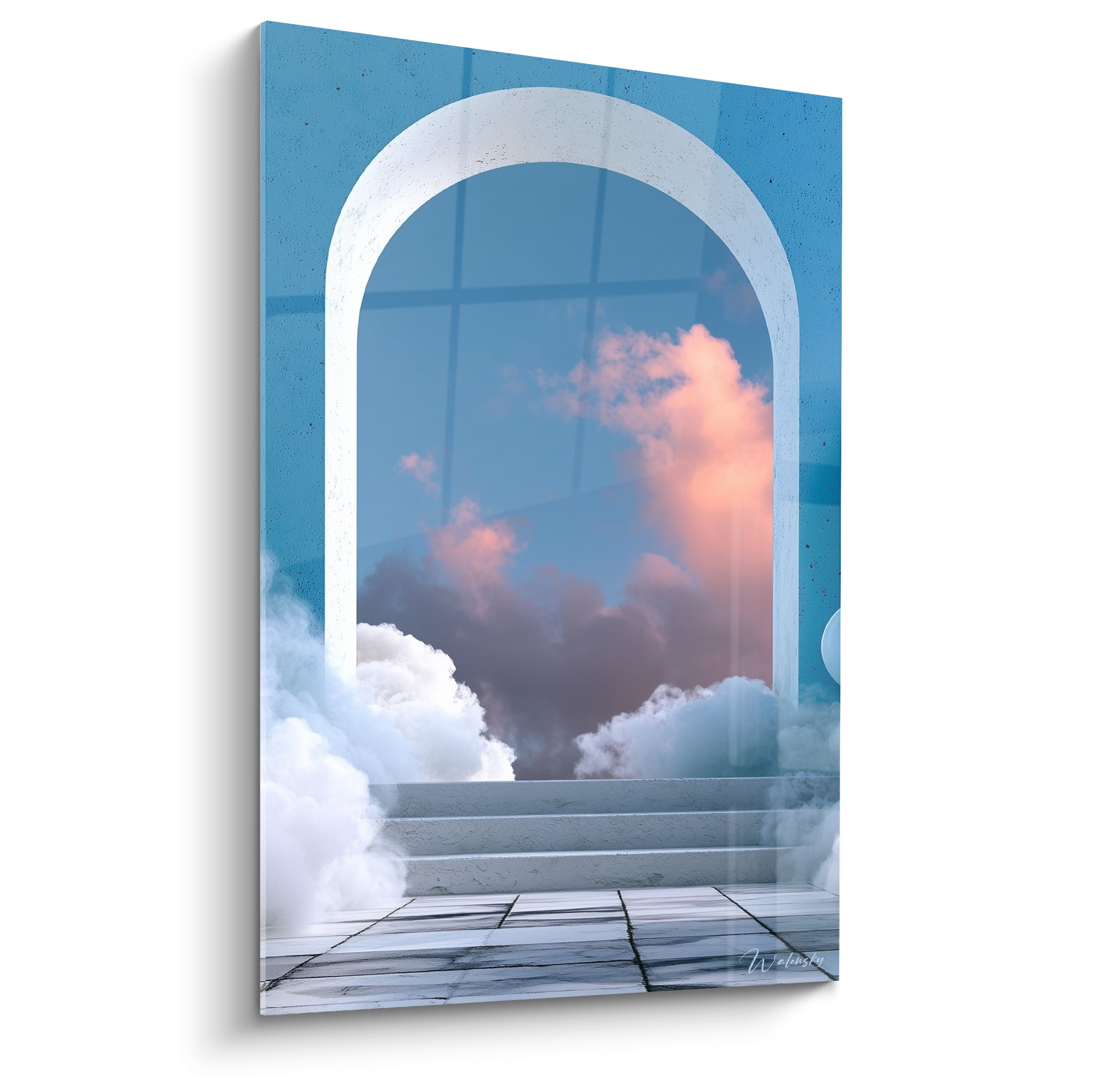 Arche blanche architecture abstrait sur ciel bleu et nuages roses, escalier de marbre gris