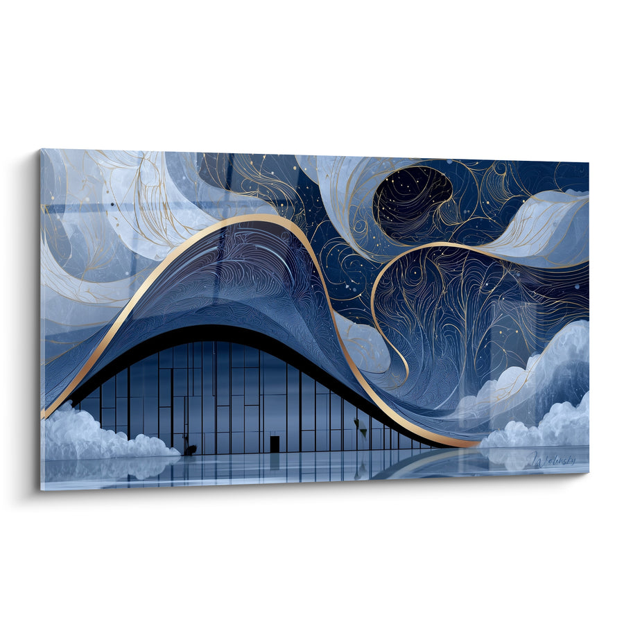 Tableau Bâtiment voûté bleu et doré aux volutes tourbillonnantes - Reflet nocturne étoilé - Edition Architecture abstrait