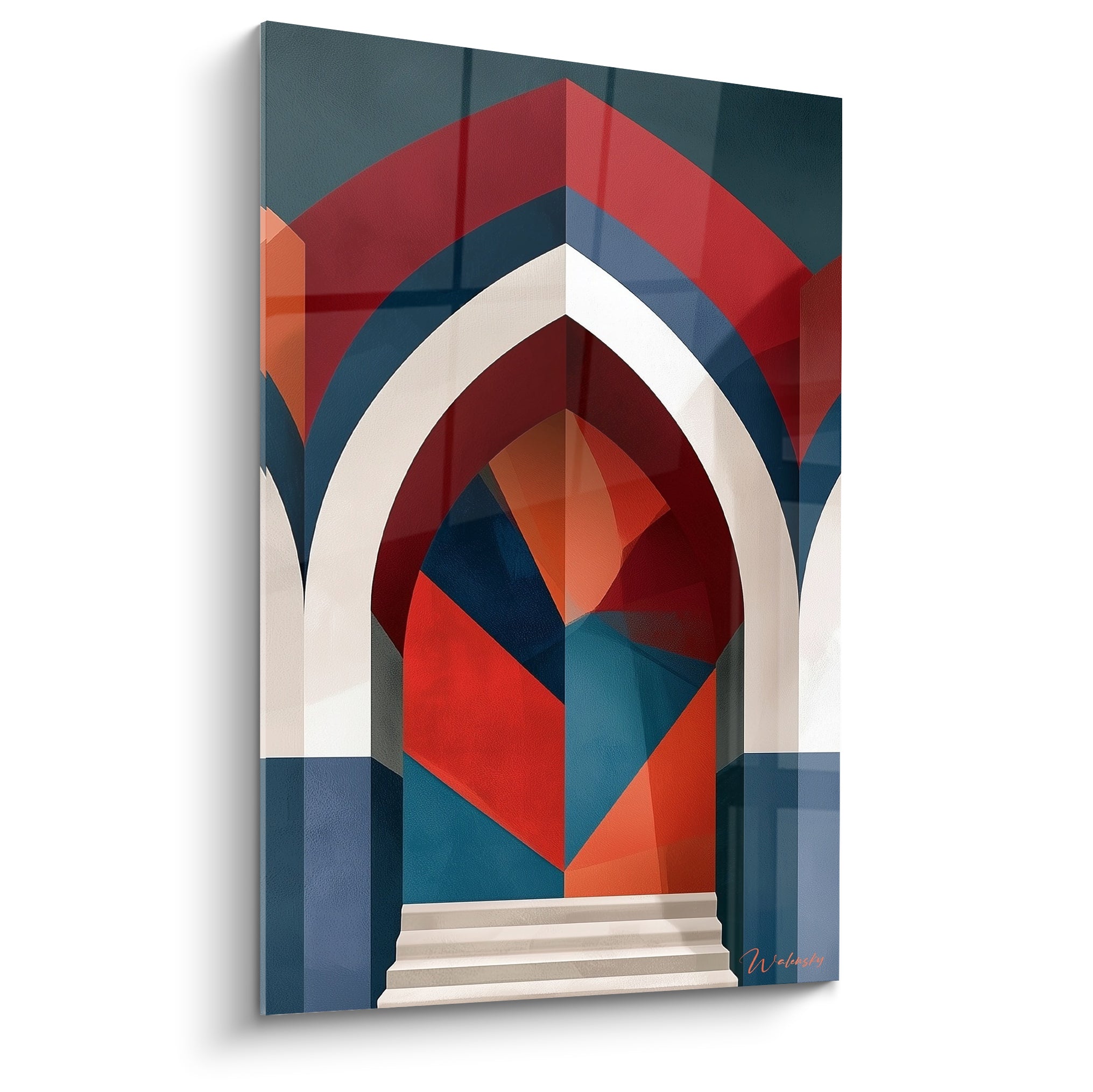 Arche architecturale bleu marine et rouge aux formes géométriques, composition graphique inspirée de l'Orient