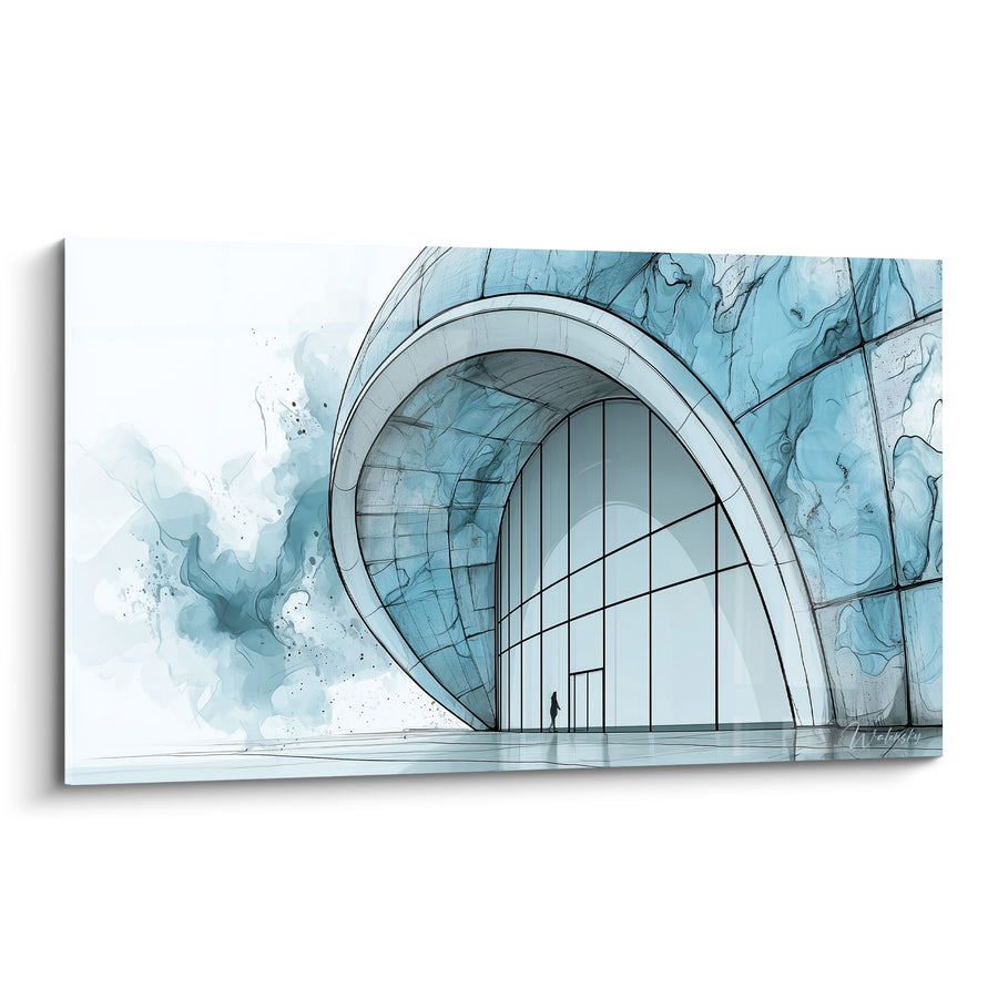 Tableau Bâtiment arche bleu marine et blanc - Seuil futuriste - Edition Architecture abstrait