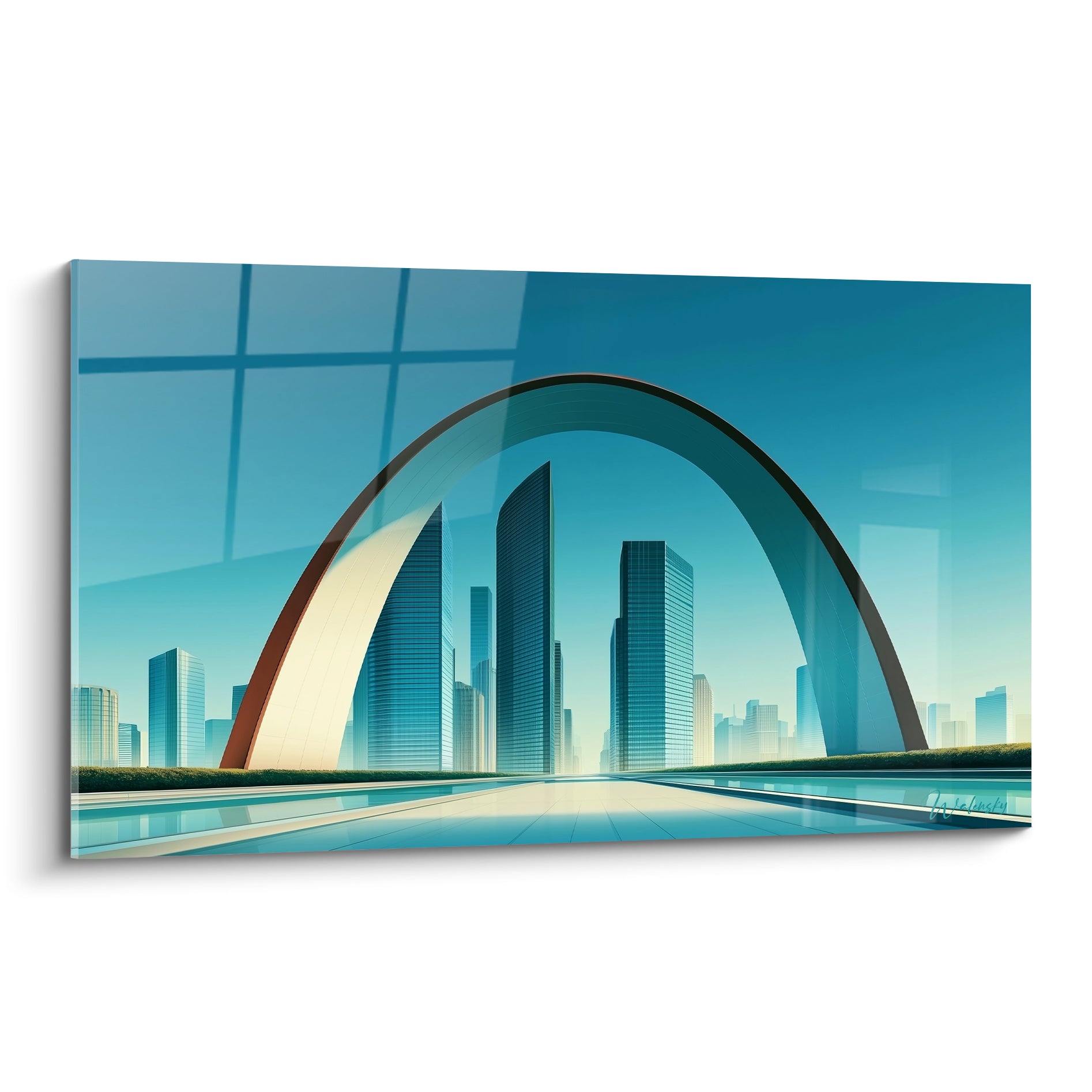 Arche architecture abstrait bleu marine et ocre encadrant des gratte-ciel anthracite