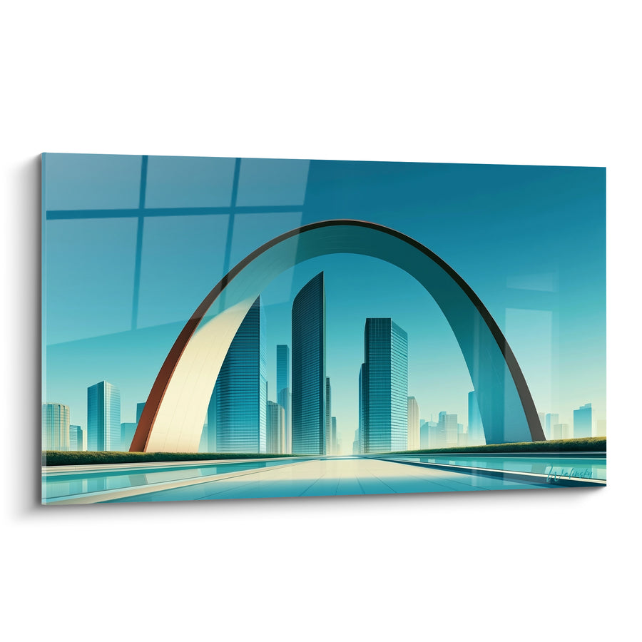 Tableau Arche monumentale bleu et ocre sur gratte-ciel - Porte vers demain - Edition Architecture abstrait