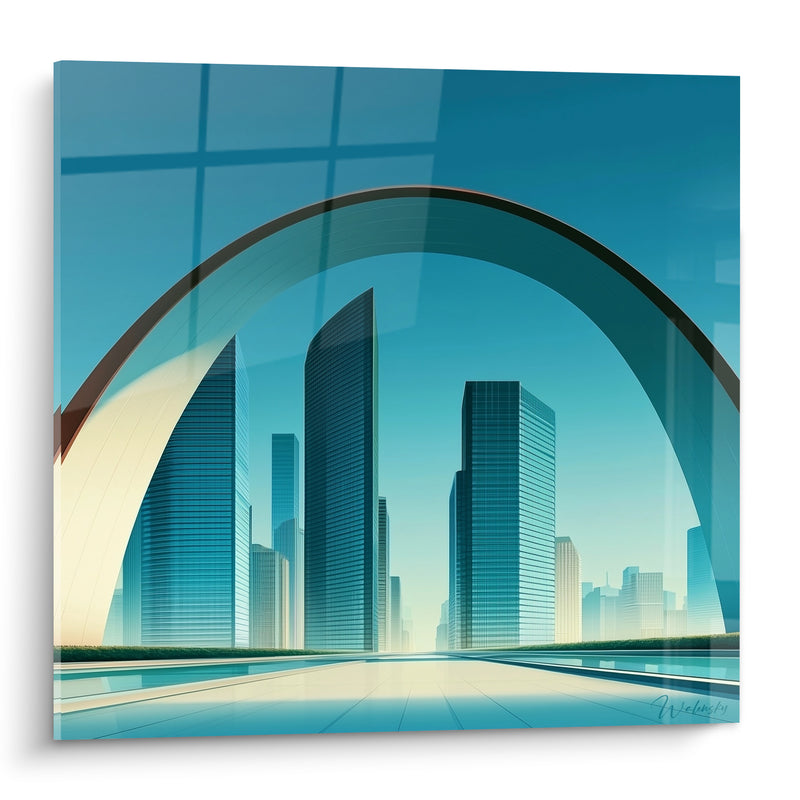 Tableau Arche monumentale sur gratte-ciel bleus - Aube futuriste - Edition Architecture abstrait