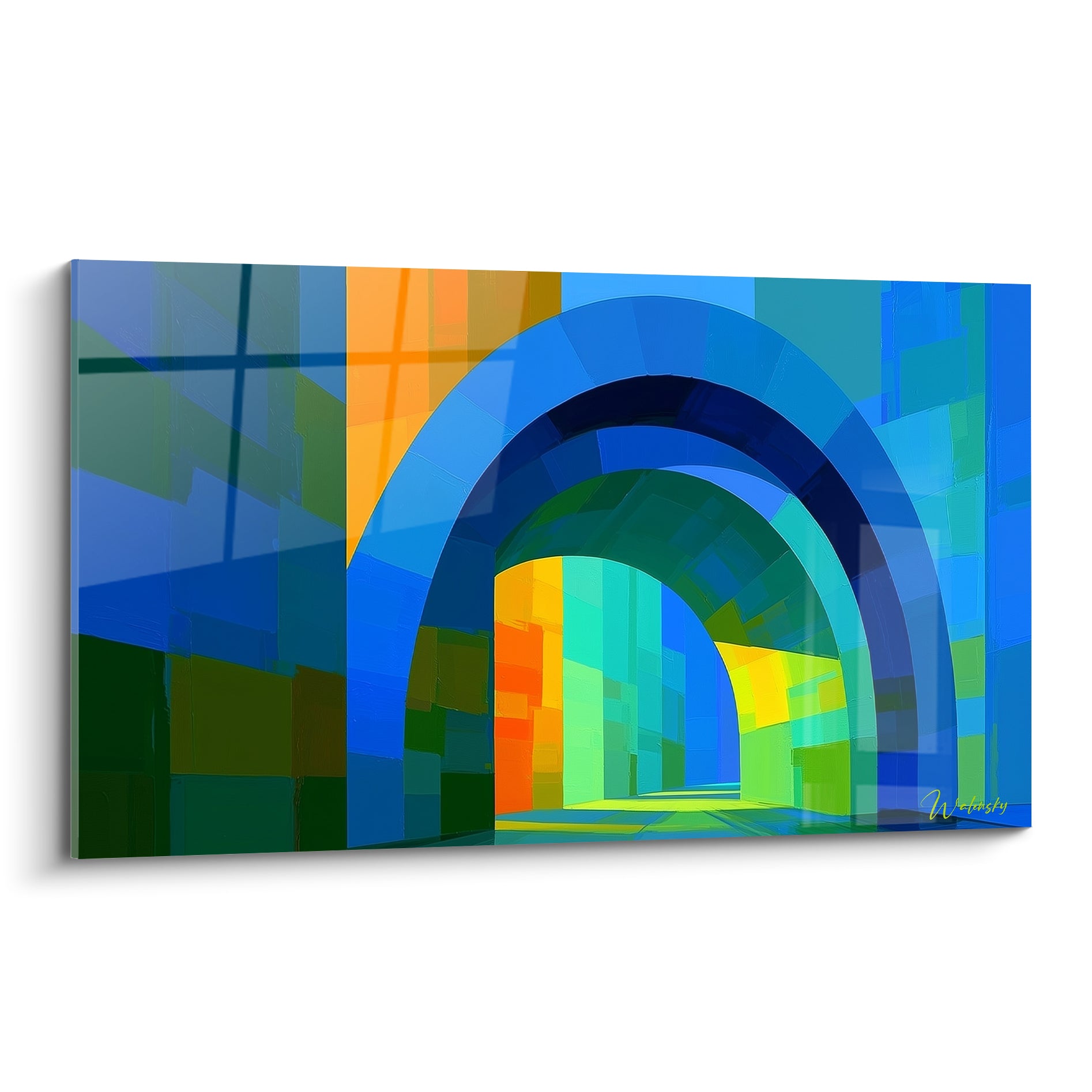 Arches bleu marine et vert émeraude en enfilade, tableau architecture abstrait vers une sortie orangée lumineuse
