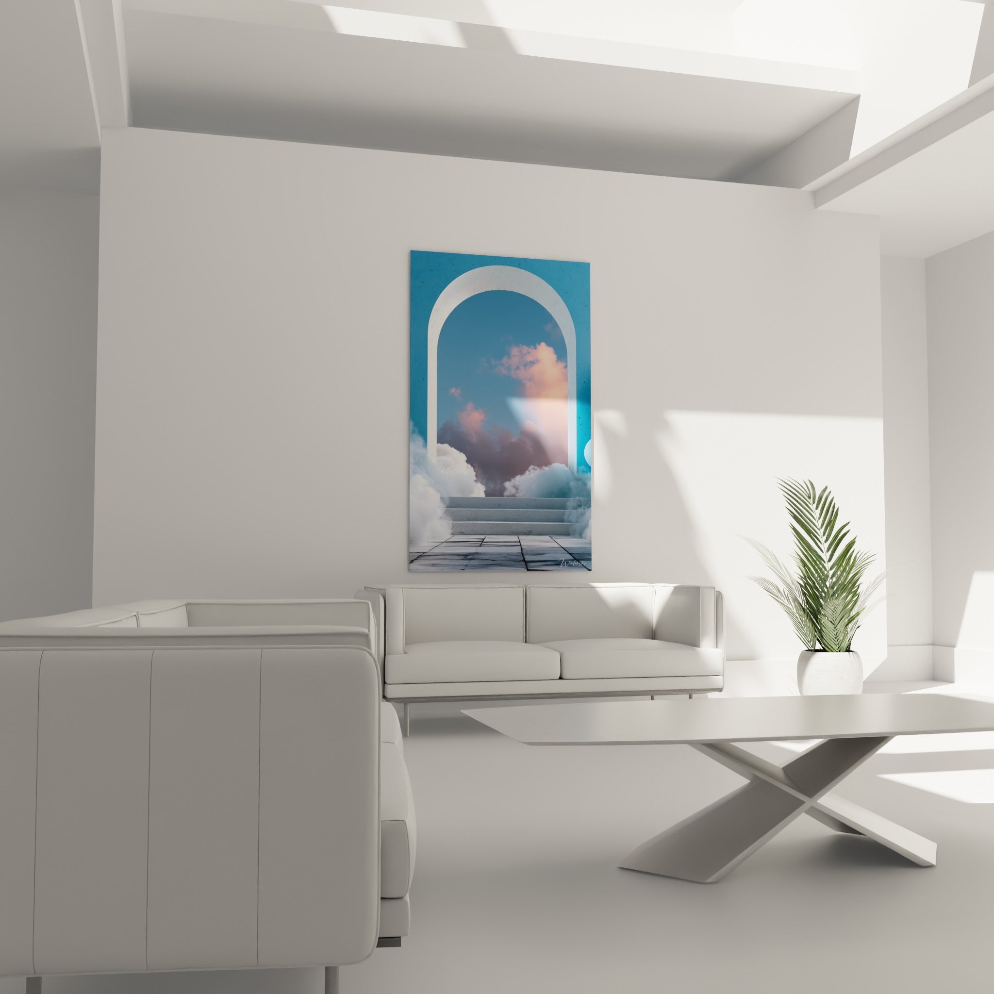 Arche architecturale blanche et ciel bleu pastel au-dessus d'un canapé dans un salon lumineux