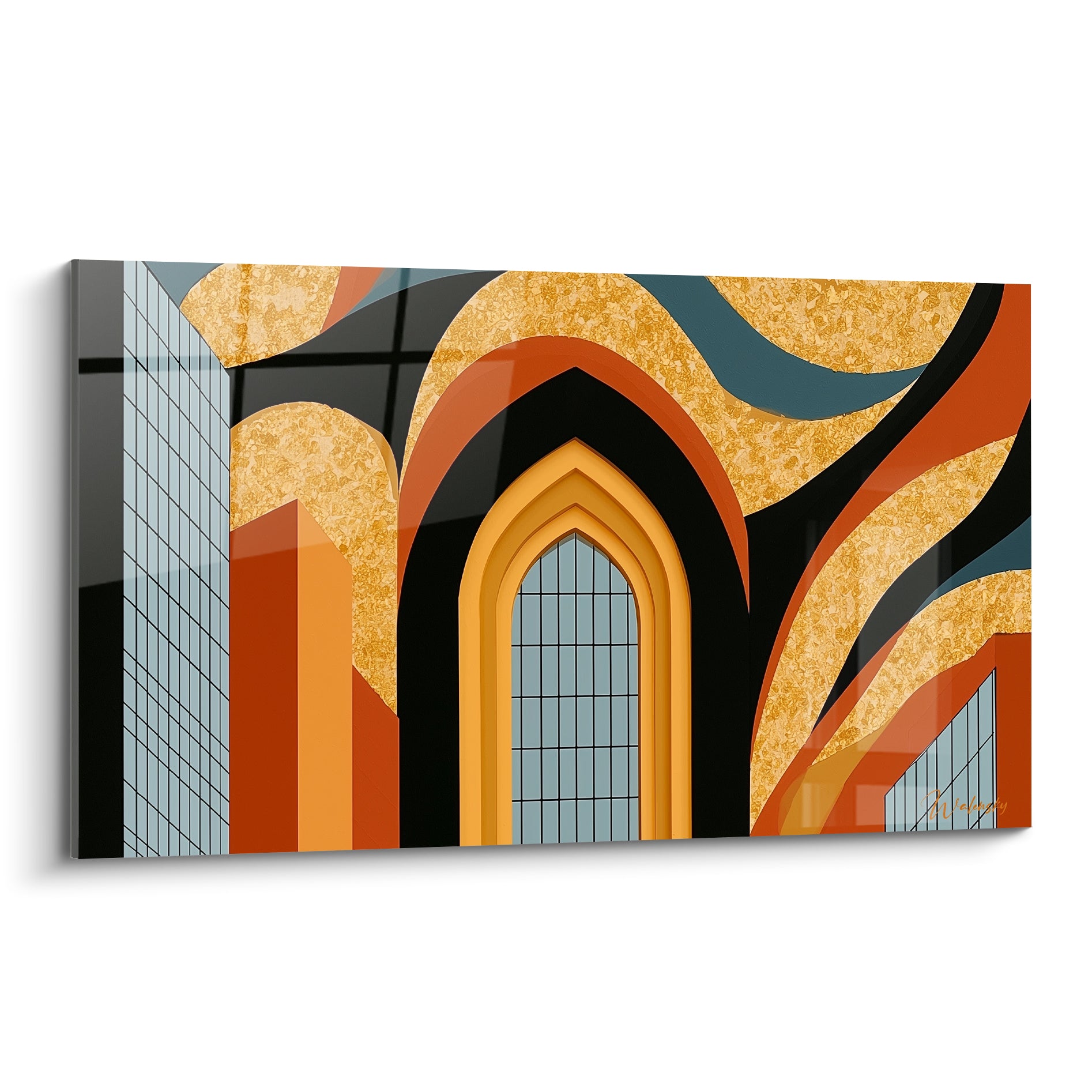 Arche gothique dorée et bleu ardoise sur fond anthracite, façade vitrée en composition graphique