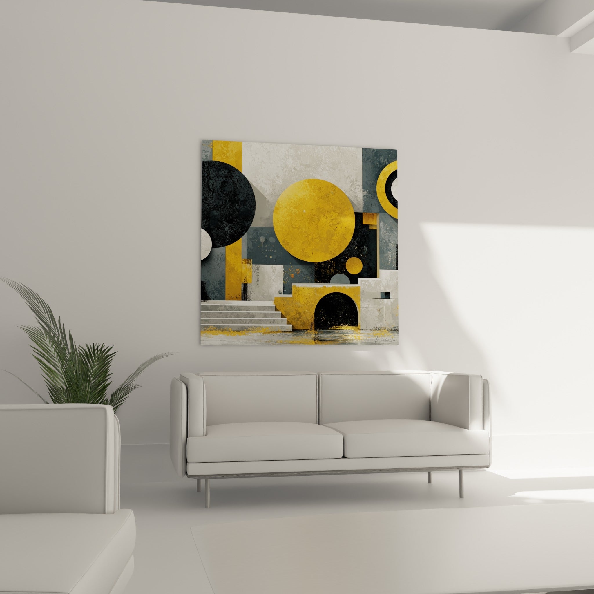 Arche noire cerclée d'or et escalier blanc de ce tableau architecture abstrait au-dessus d'un canapé dans un salon lumineux