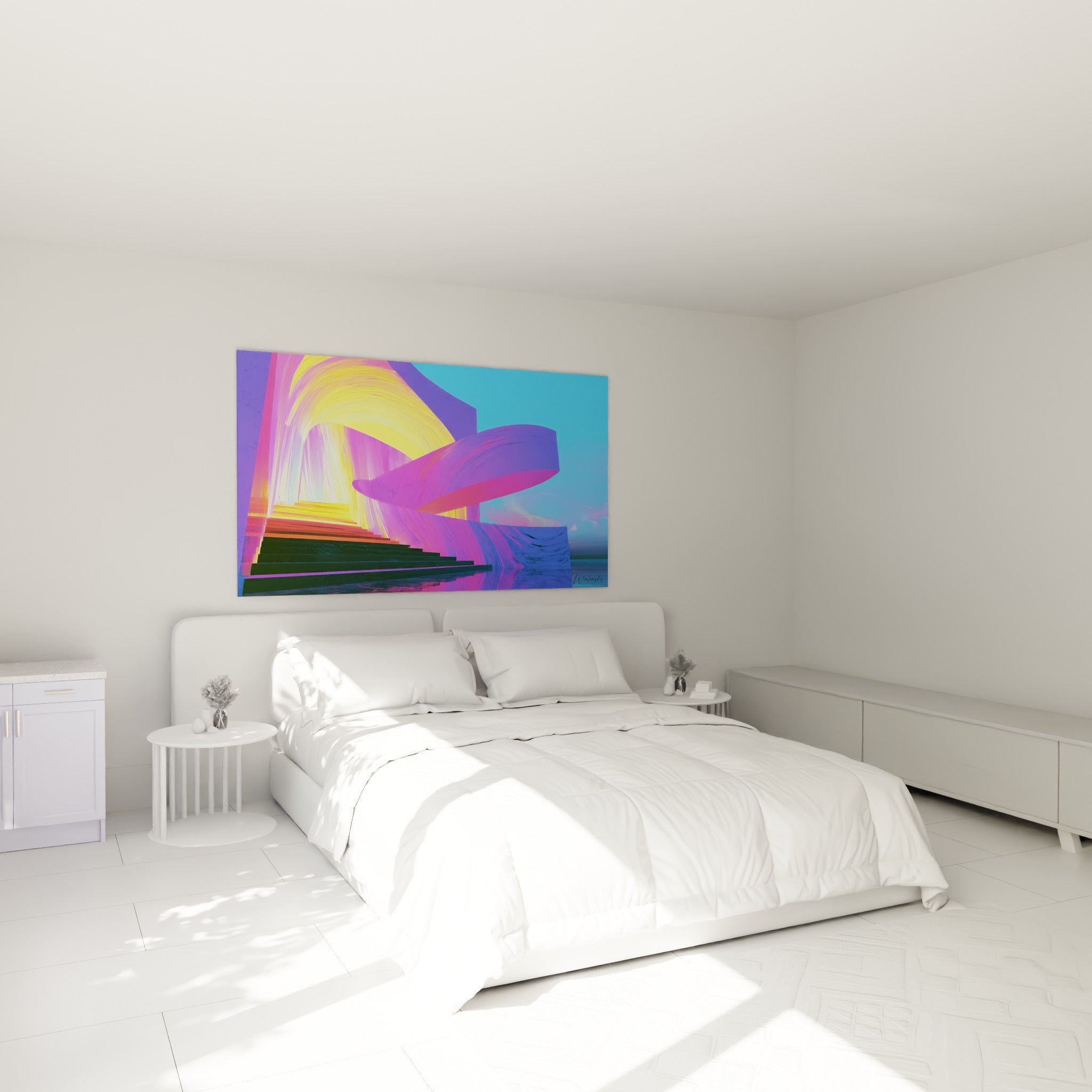 Courbes violettes et dorées de cette architecture abstrait au-dessus d'un lit dans une chambre claire