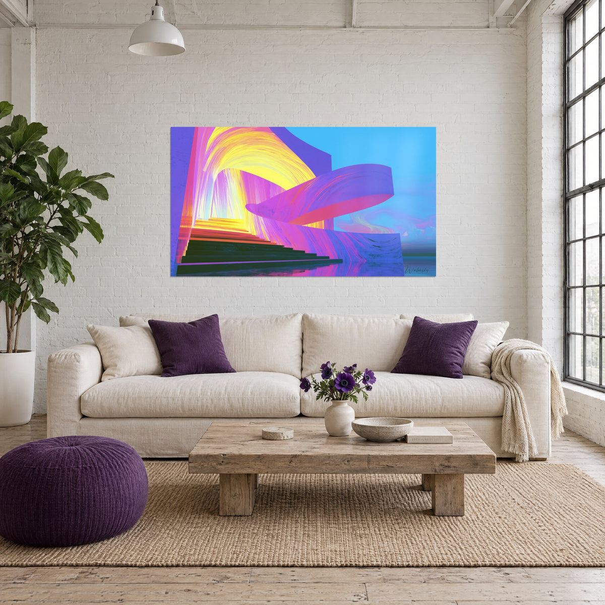Gemälde abstrakte Treppe, die zu einem leuchtend gelben Gewölbe emporsteigt, violette und rosa Wände, blauer Himmel, über einem Sofa in einem hellen Wohnzimmer