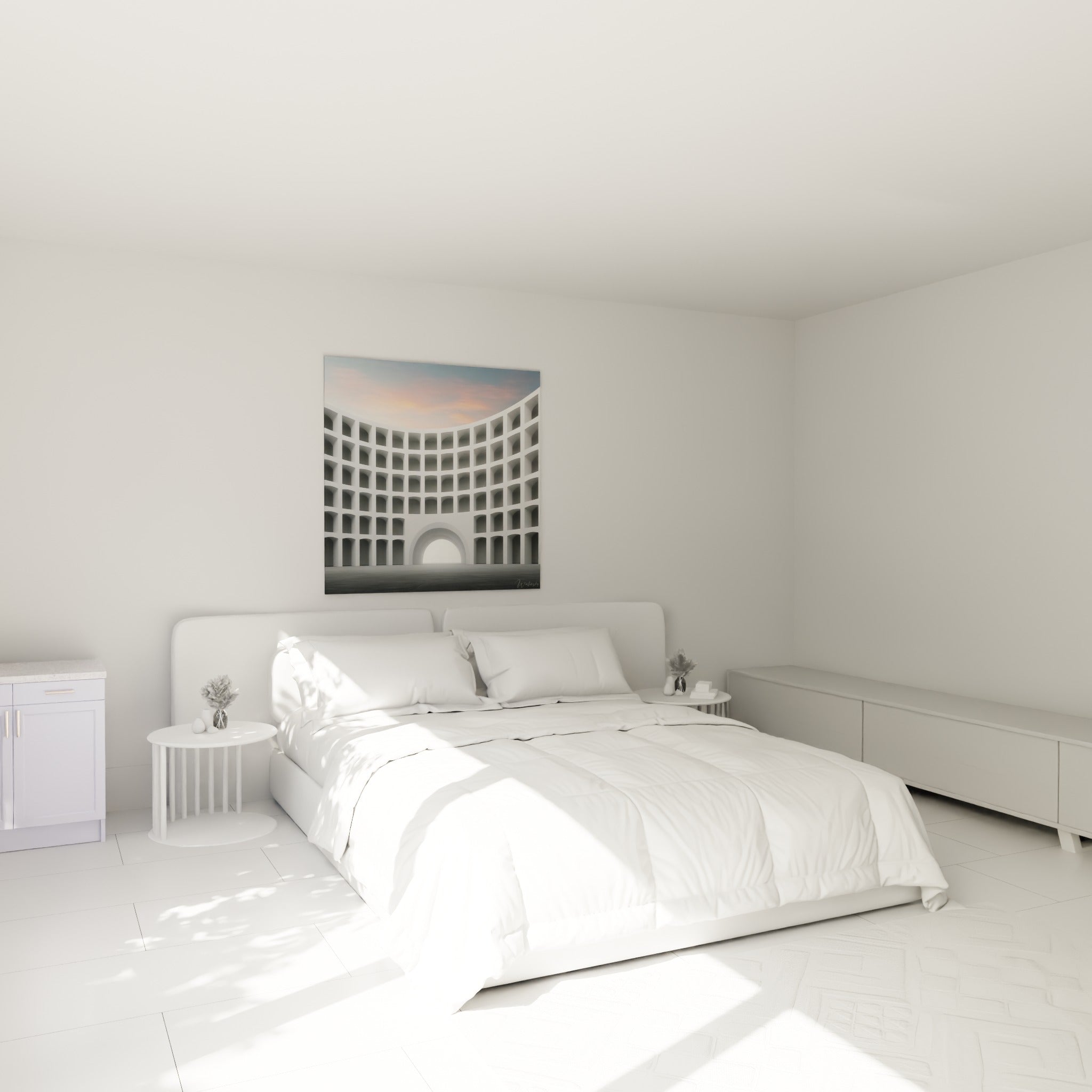 Arcades blanches et arche lumineuse d'architecture abstraite au-dessus d'un lit dans une chambre claire