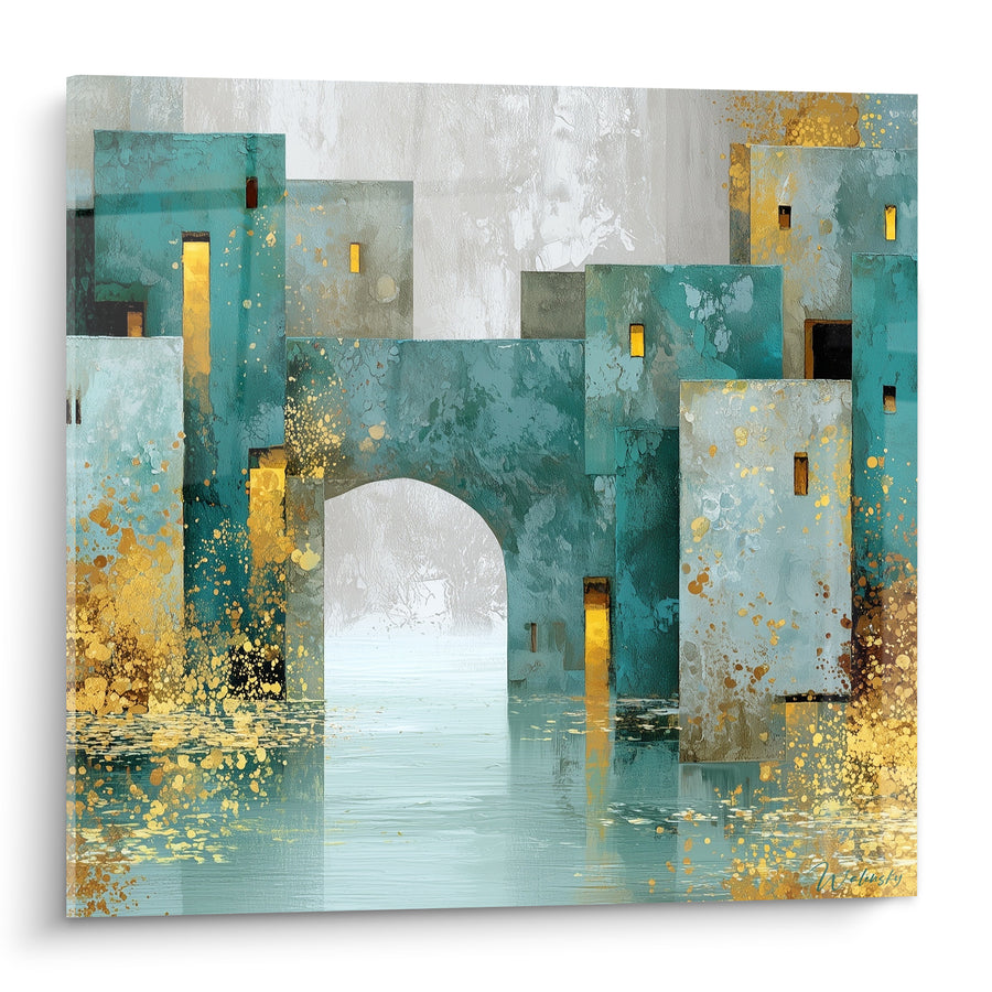 Gemälde Gewölbte Stadt in Türkis und Gold auf Wasserreflexen - Übergang zum Vergessen - Architektur Edition abstrakte Kunst