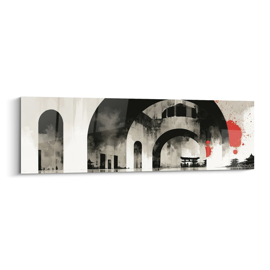 Arches anthracite et blanches en enfilade, touche rouge vermillon, style encre architecture abstrait
