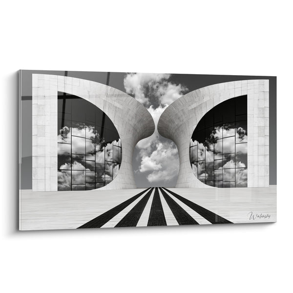Cuadro Arcos gemelos blancos y negros con nubes reflejadas - Camino empedrado rayado - Edición Arquitectura abstracta