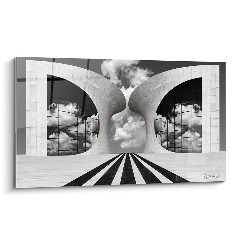 Tableau Arches jumelles blanches et noires aux nuages reflétés - Allée pavée rayée - Edition Architecture abstrait