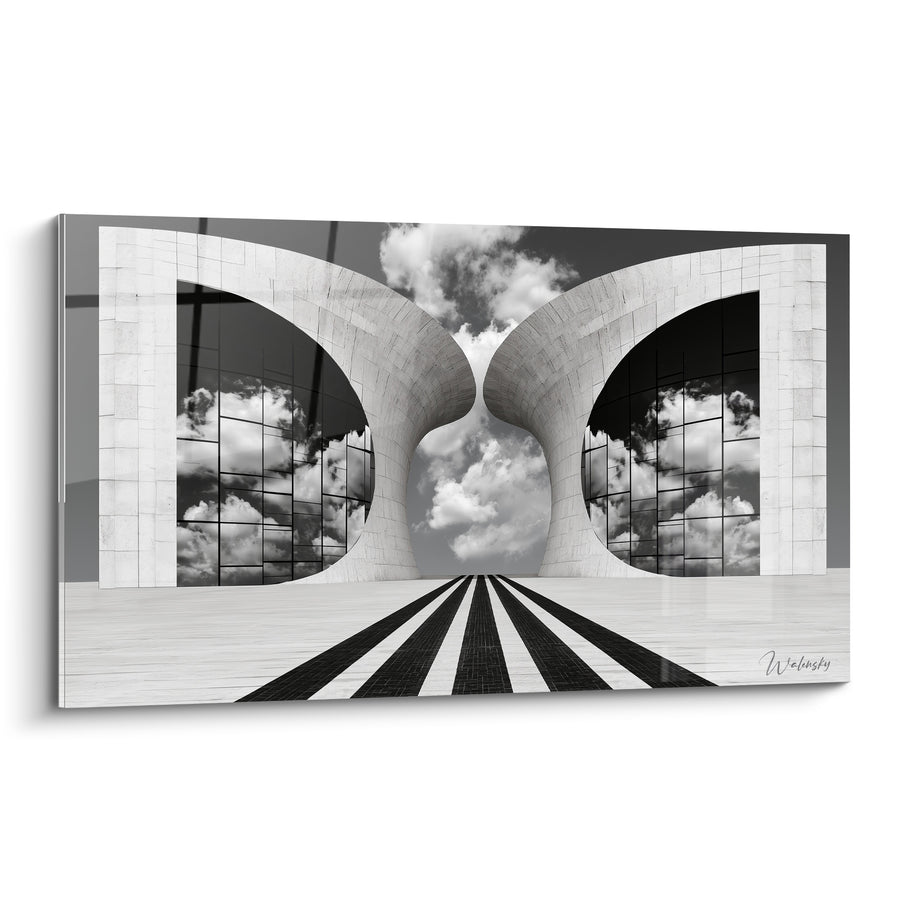 Gemälde Zwillinge Bögen Weiß und Schwarz mit Reflektierten Wolken - Gestreifter Kopfsteinpflasterweg - Architektur Edition Abstrakte