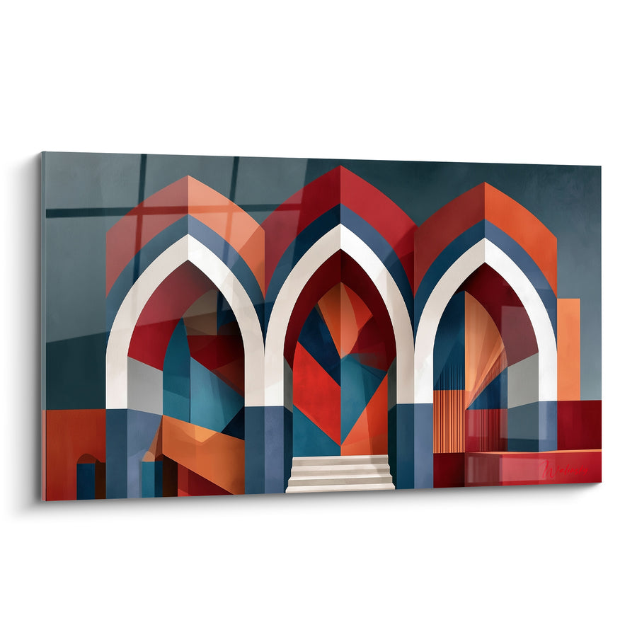 Tableau Arches ogivales bleu marine et terracotta - Seuil du palais - Edition Architecture abstrait