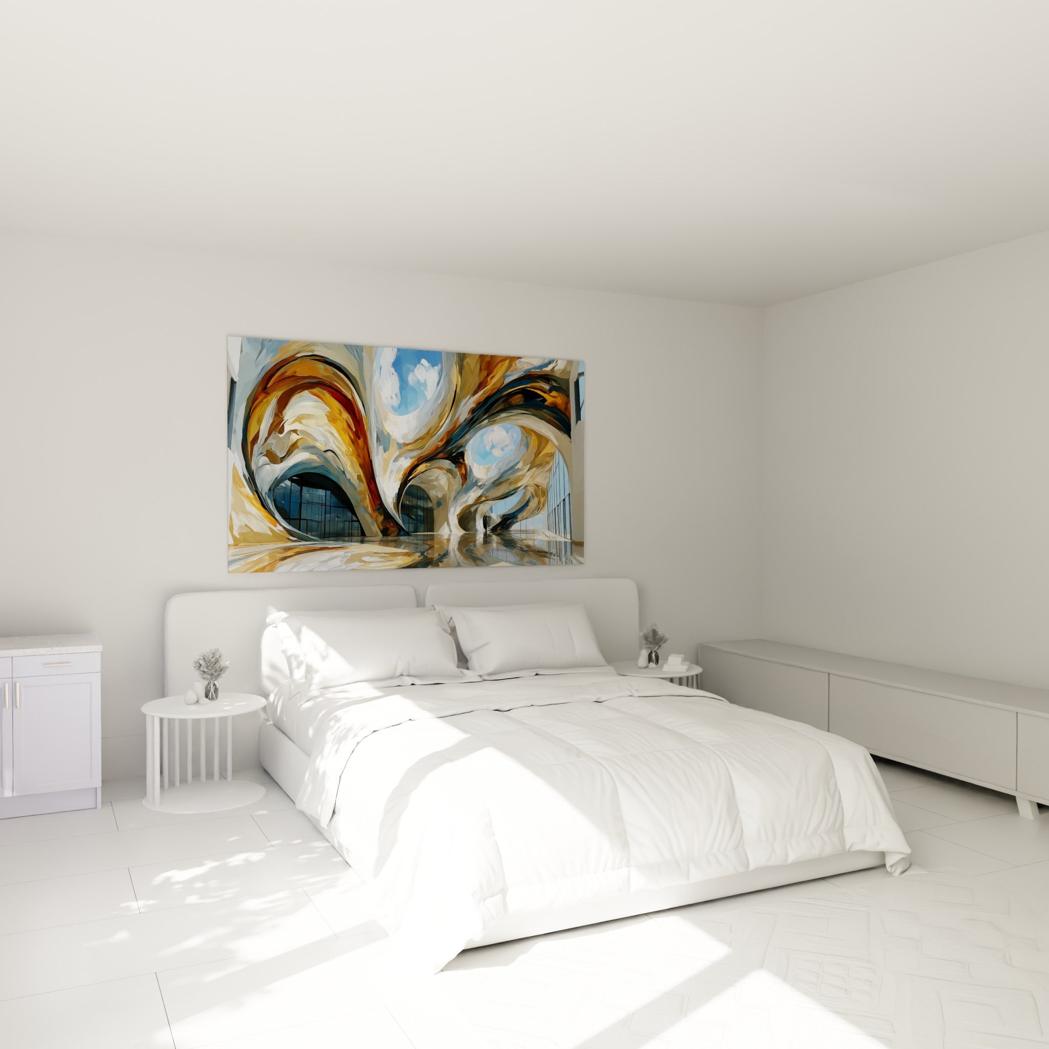 Arches ocre et bleu marine en mouvement, tableau architecture abstraite au-dessus d'un lit dans une chambre claire