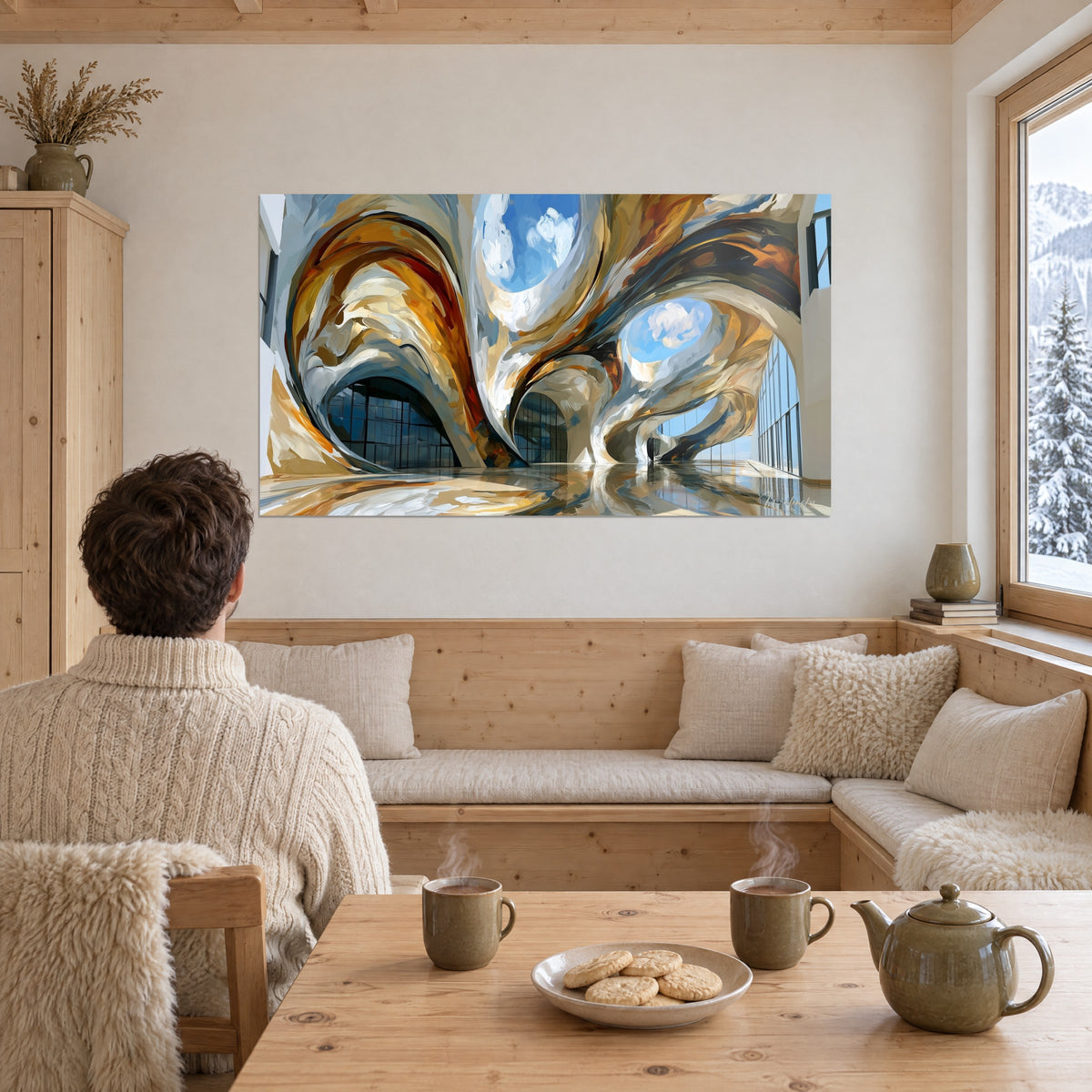 Tableau halle futuriste aux courbes d'or et d'argent, sol miroir, vitres sombres, face à un couple de dos près d'une banquette en bois