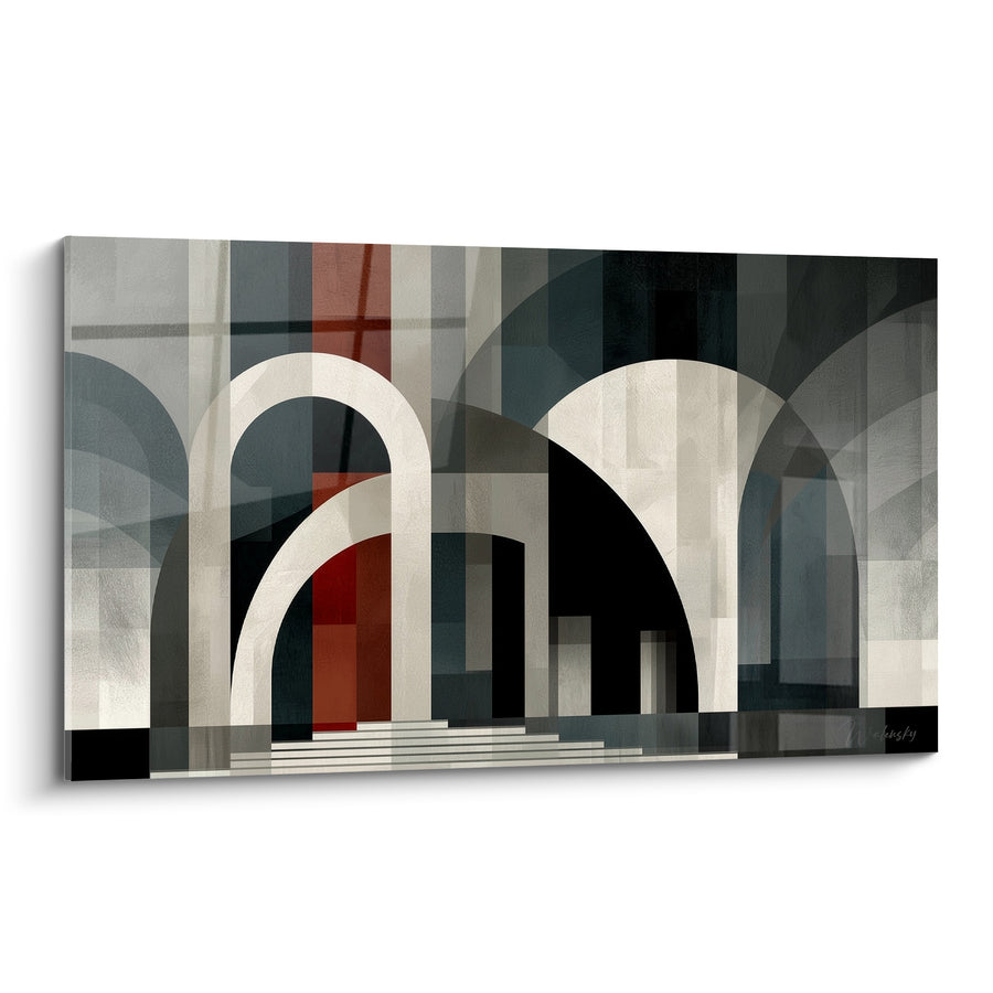 Tableau Arches ivoire et grises menant à un escalier - Voile rouge vertical - Edition Architecture abstrait