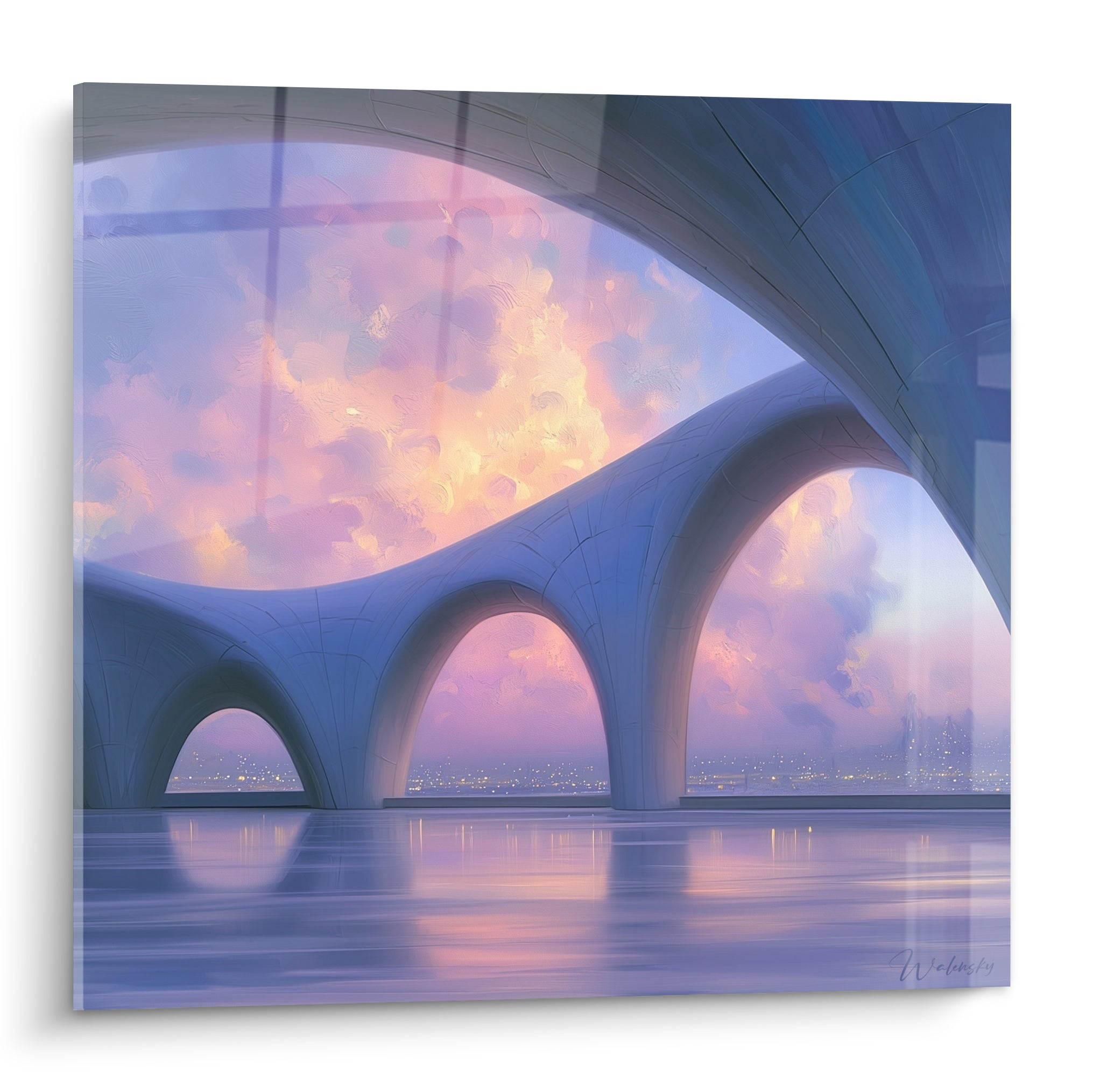 Arches architecture abstrait bleu lavande et rose corail sous un ciel embrasé, reflets sur l'eau