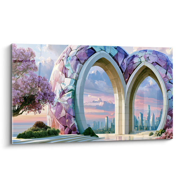 Cuadro Arcos mosaicos violeta y turquesa hacia el skyline - Árbol en flores rosadas - Edición Arquitectura abstracta