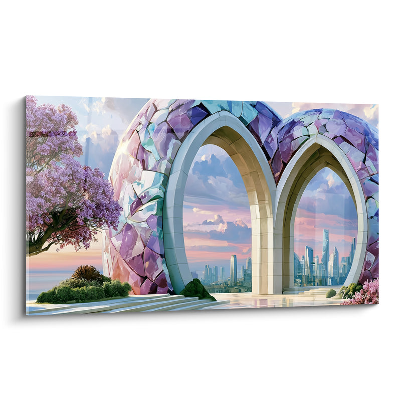 Tableau Arches mosaïquées violet et turquoise vers la skyline - Arbre en fleurs rosées - Edition Architecture abstrait