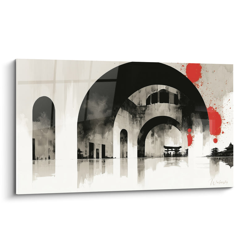 Tableau Arches noires et blanches aux éclaboussures rouges - Pagode lointaine au bassin - Edition Architecture abstrait