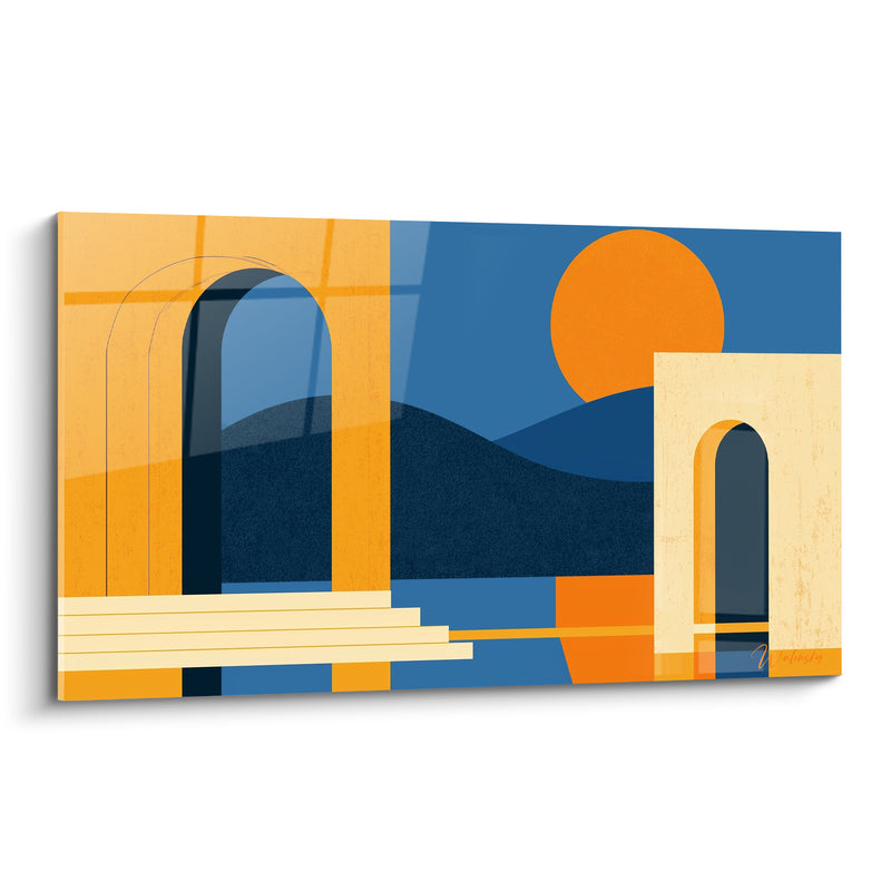 Tableau Arches ocre et bleu marine géométriques - Passage vers le soleil - Edition Architecture abstrait