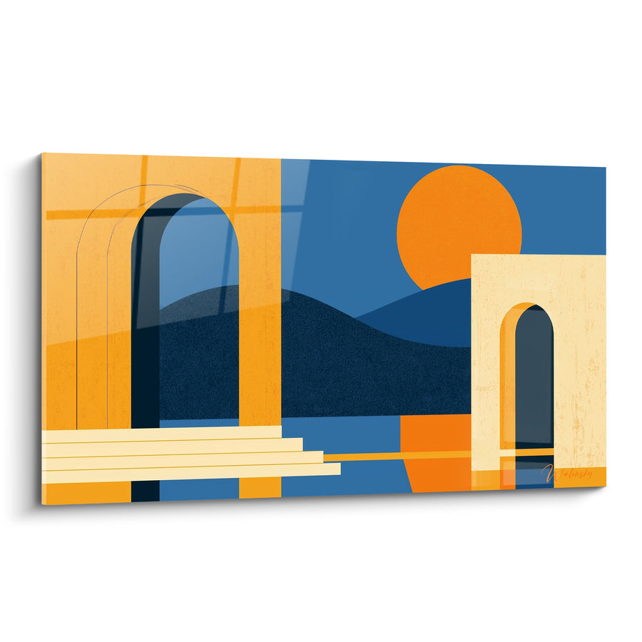 Tableau Arches ocre et bleu marine géométriques - Passage vers le soleil - Edition Architecture abstrait