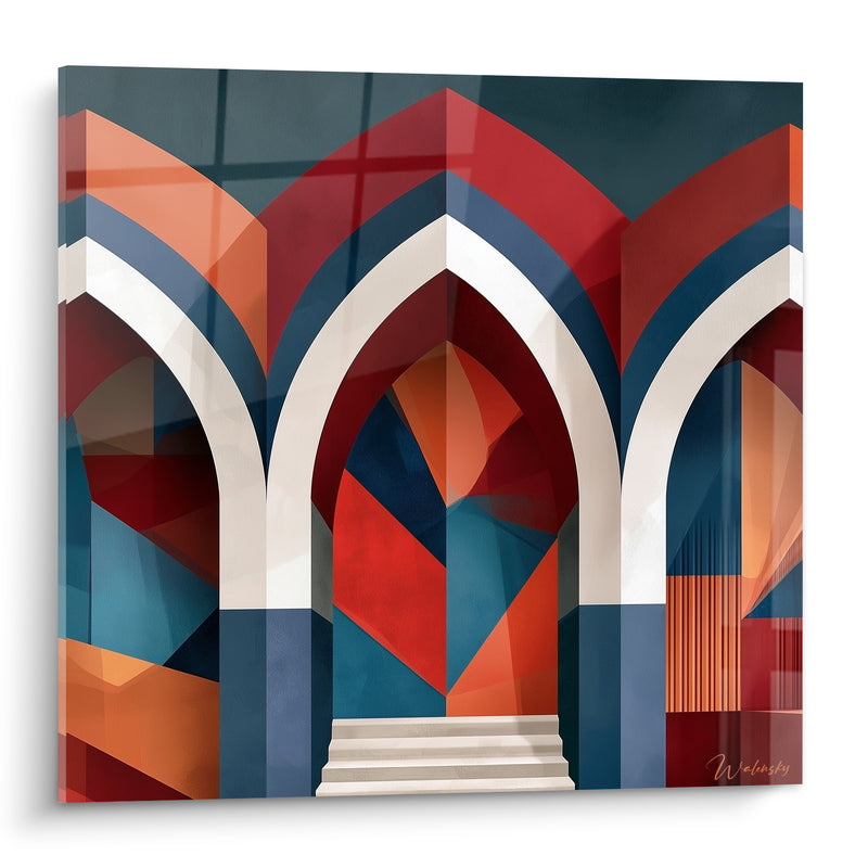 Tableau Arches gothiques rouge et bleu géométriques - Seuil du sanctuaire - Edition Architecture abstrait