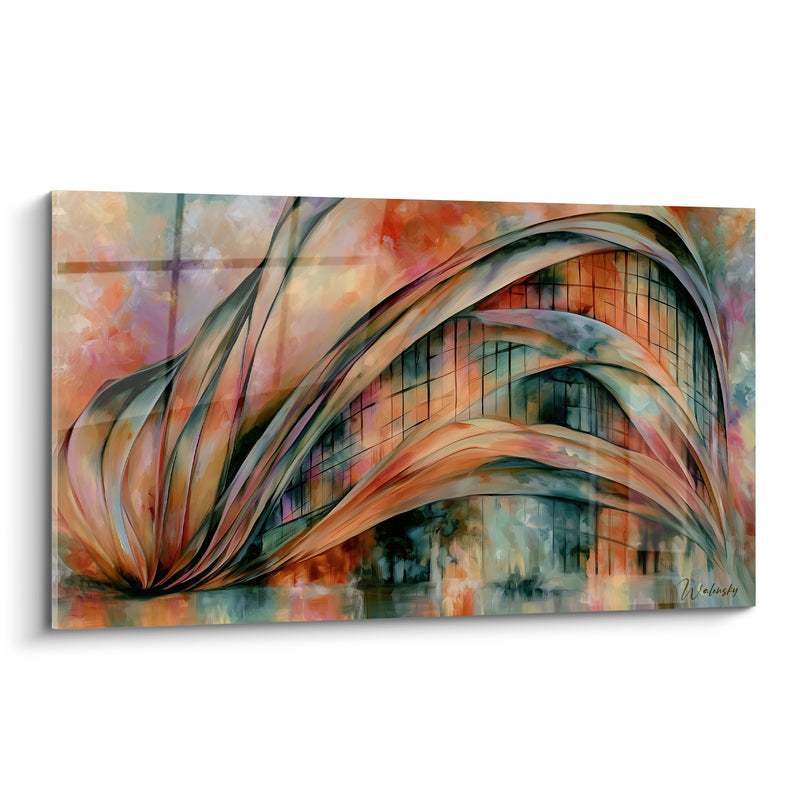 Tableau Arches sculpturales orange et bleu sarcelle - Élan figé - Edition Architecture abstrait