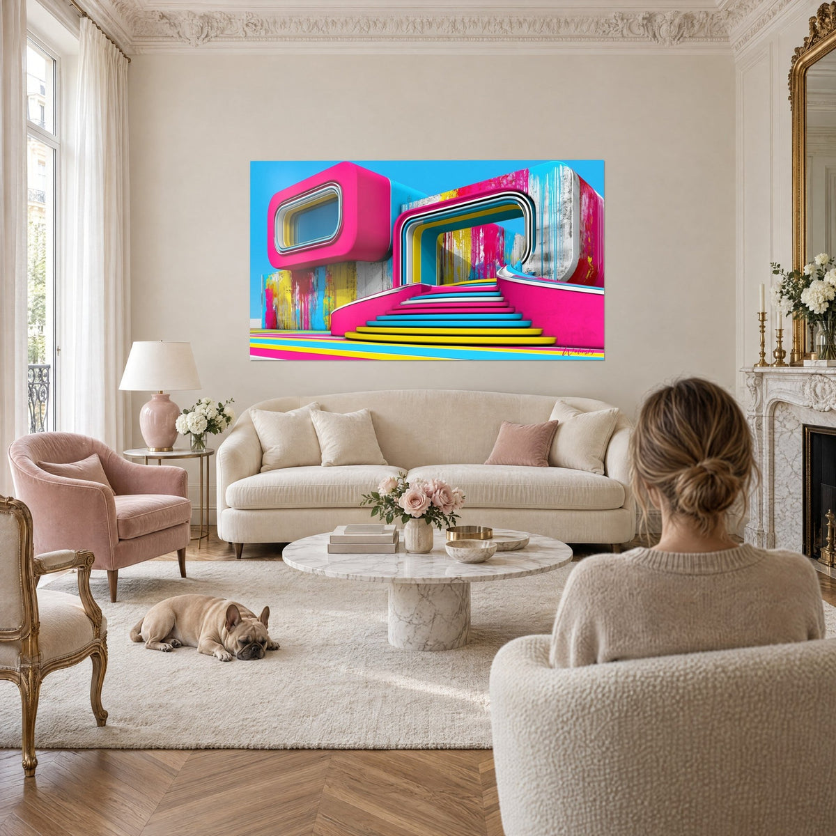 Cuadro edificio rosa fucsia con ventanas redondeadas, pared salpicada de azul y amarillo, sobre un sofá en un salón luminoso