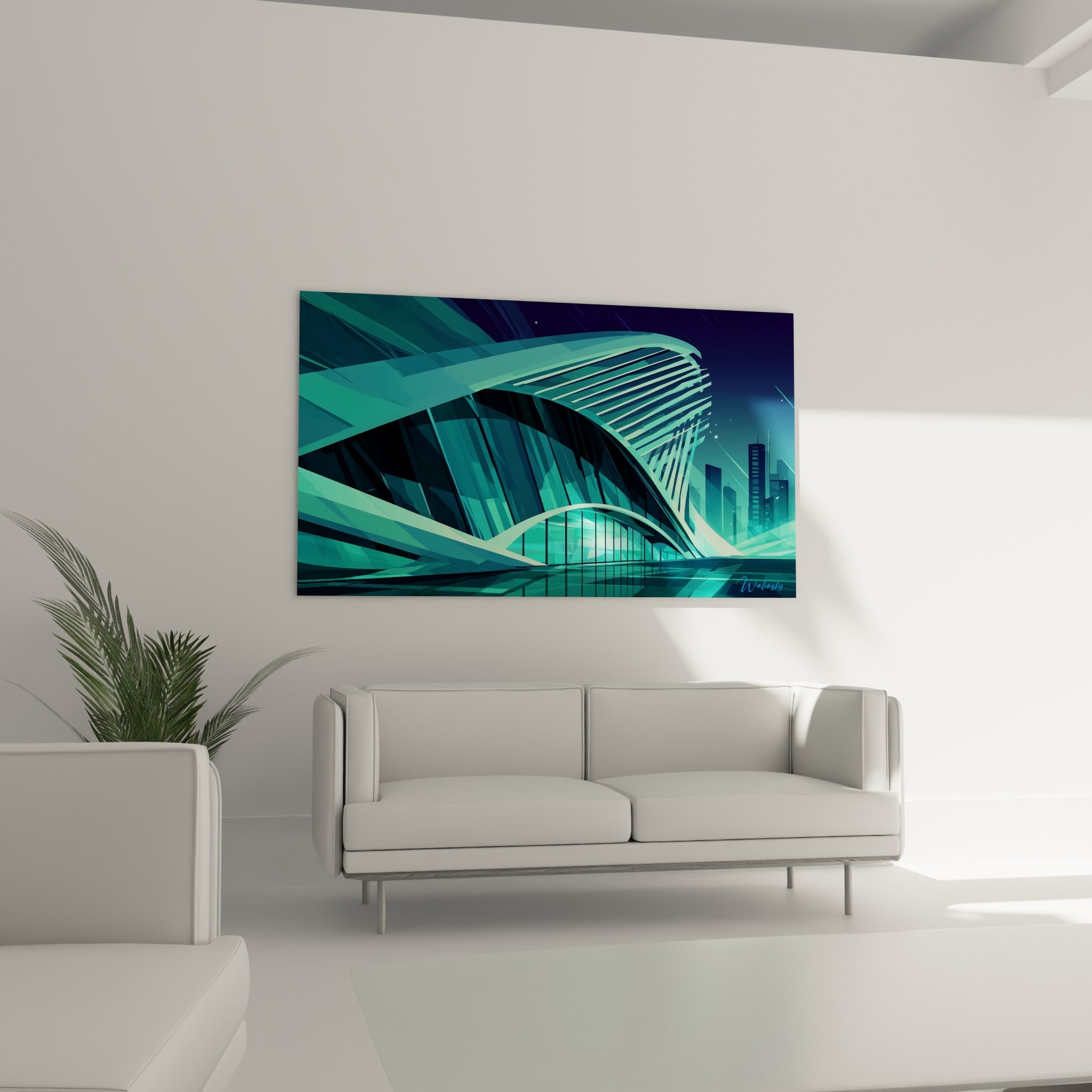 Arches vitrées turquoise et anthracite d'une gare futuriste au-dessus d'un canapé dans un salon lumineux
