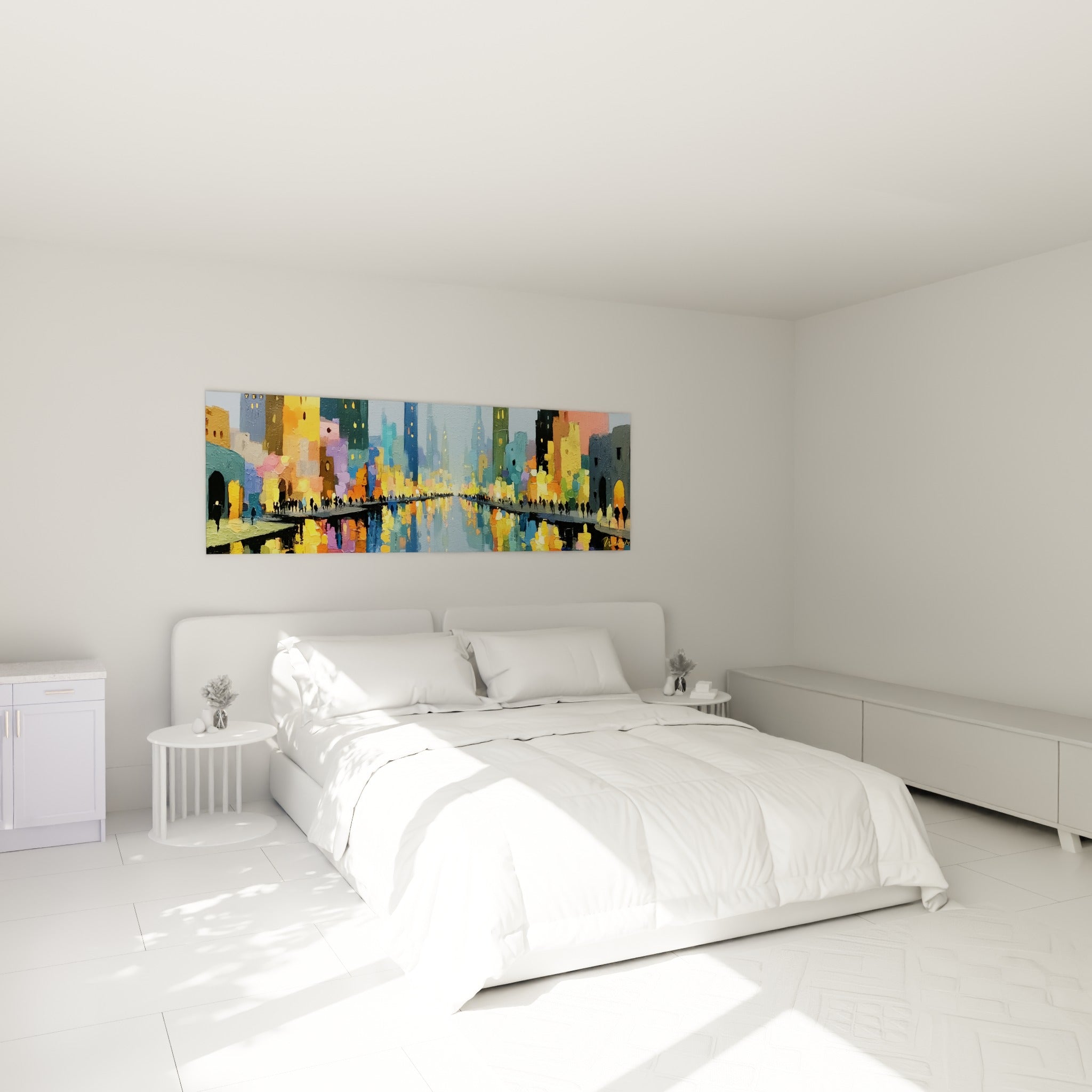 Avenue urbaine dorée et bleutée avec passants, accrochée au-dessus d'un lit dans une chambre claire