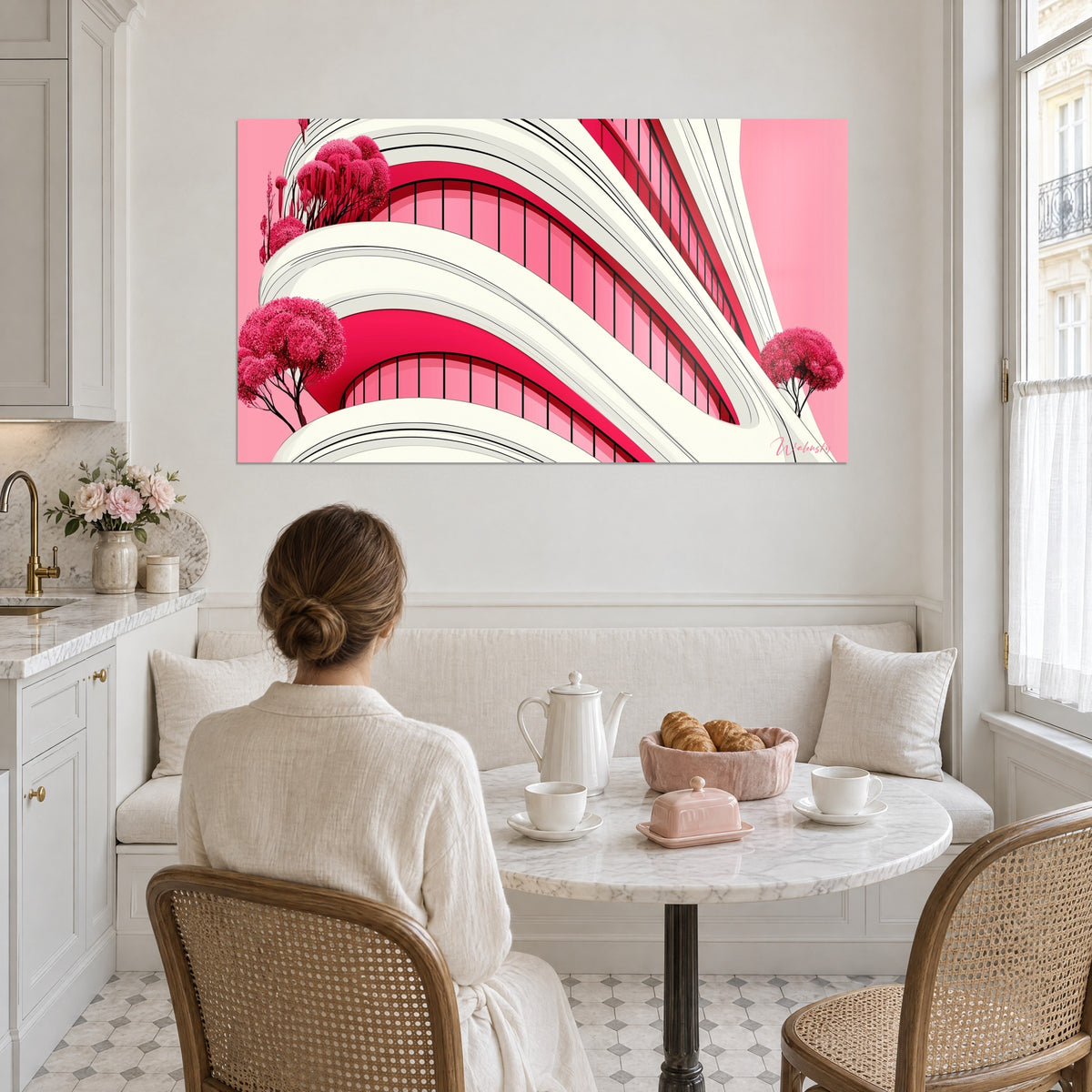 Tableau architecture abstraite aux arrondis crème et rose bonbon, houppes carmin, femme de dos, banquette d'un coin repas