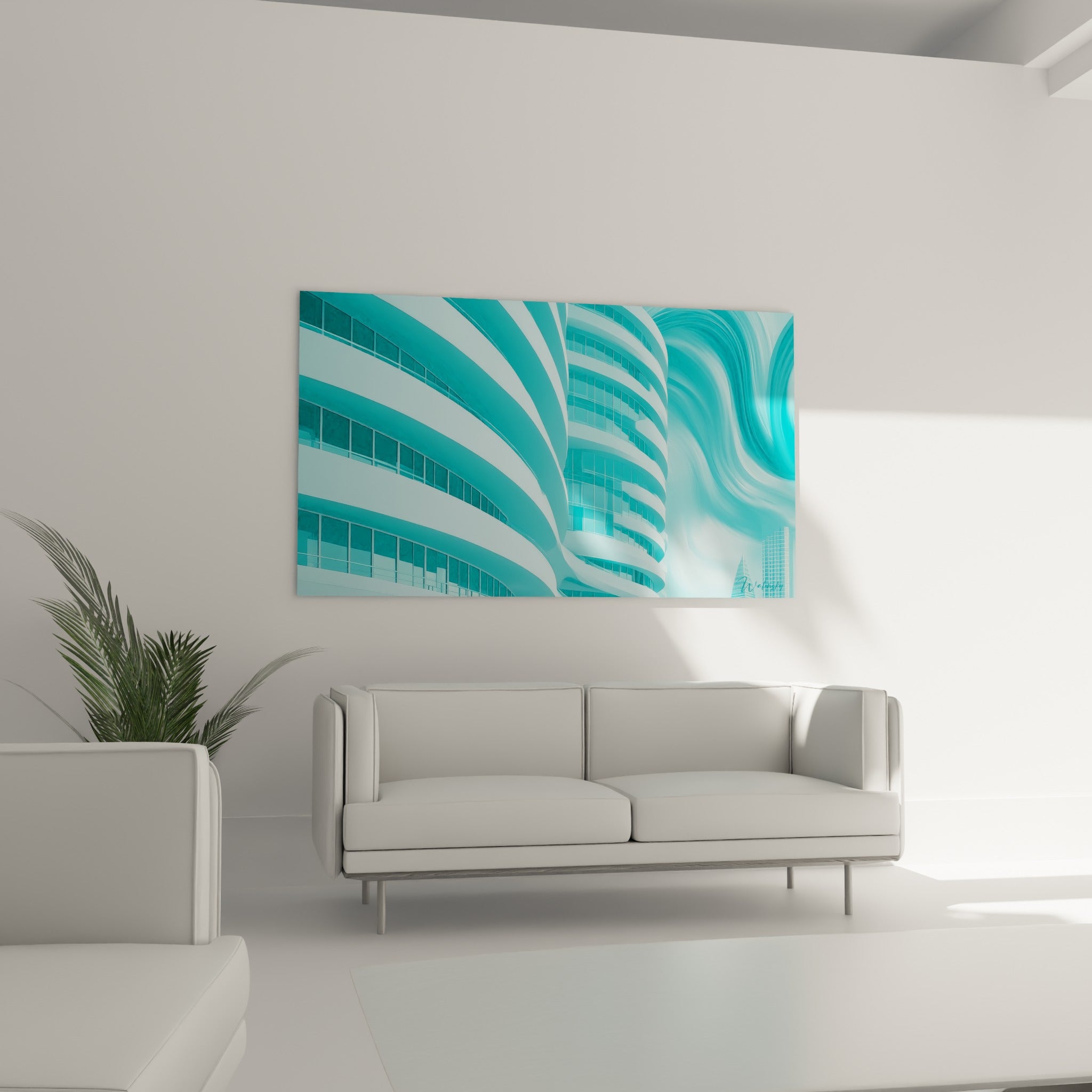 Balcons ondulants bleu turquoise et lumière blanche au-dessus d'un canapé dans un salon lumineux