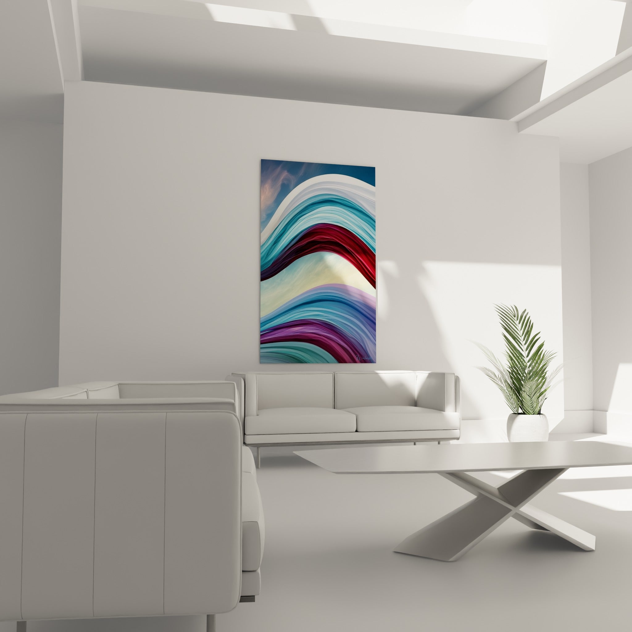 Bandes colorées turquoise et bordeaux de ce tableau architecture abstrait au-dessus d'un canapé dans un salon lumineux